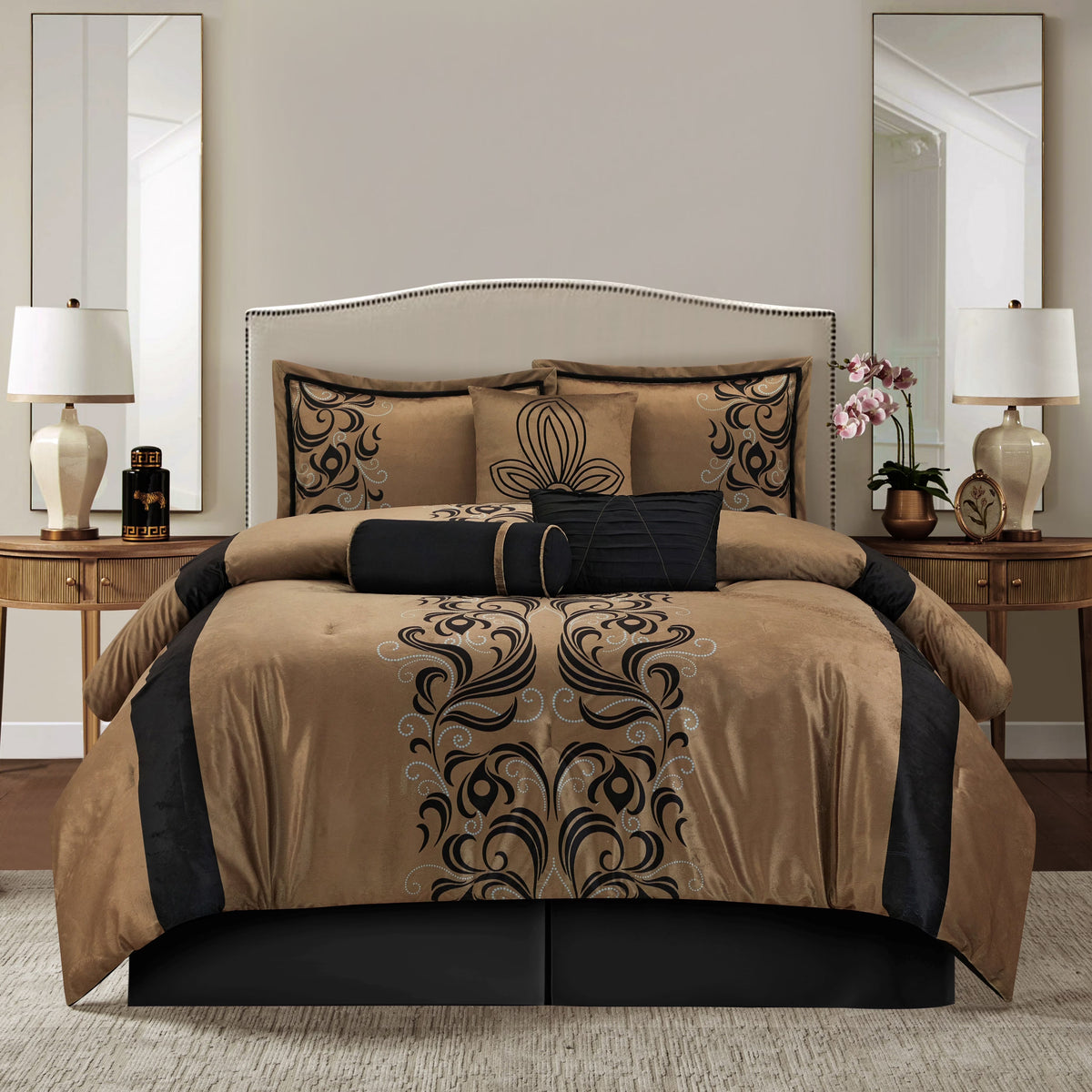 Lanco Smoke Grey Comforter Set California King Size, 9 Piece Jacquard Floral Bedding Set, All Season, Ultra-Soft, Matching Pillows & Shams, Bed Skirt