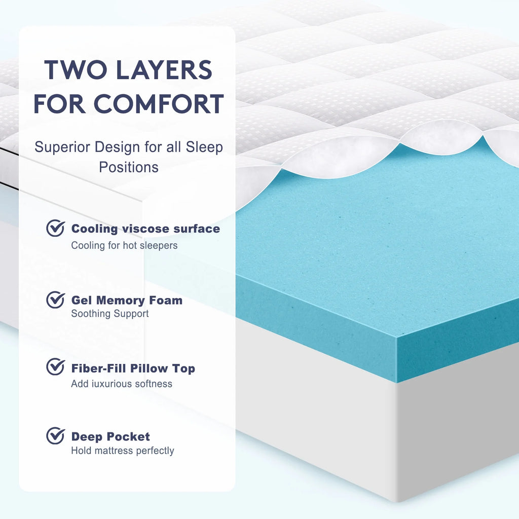 Queen Size Dual Layer 4 Inch Memory Foam Mattress Topper, 2 Inch Gel Memory Foam and 2 Inch Cooling Pillow Top Mattress Pad Cover for Back Pain, Medium Support