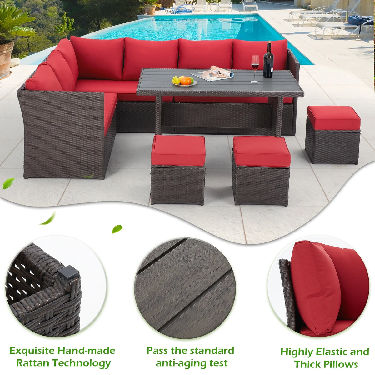 AECOJOY 7 Piece Patio Furniture Set PE Rattan Outdoor Dining Set Sectional Sofa Couch with Table Patio Conversation Set in Gray