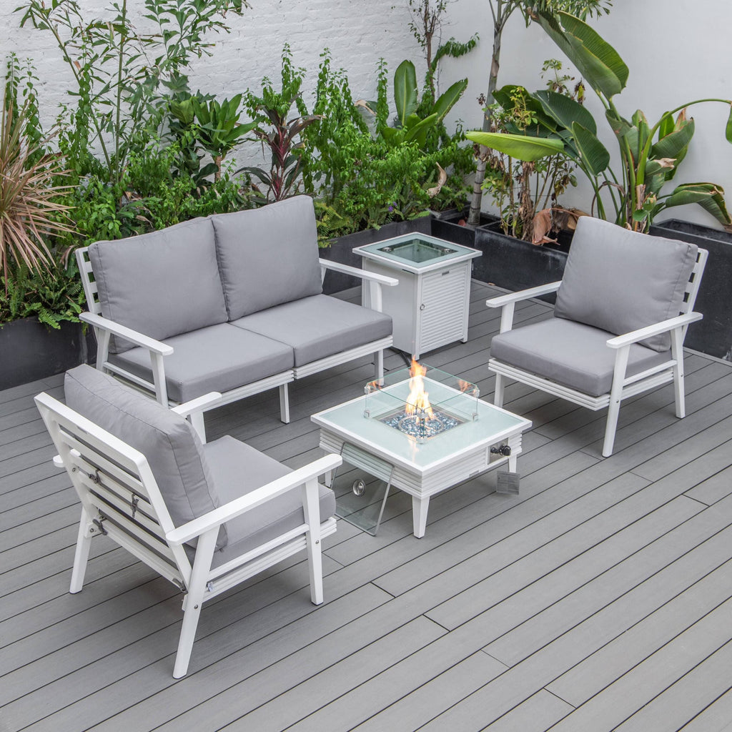 LeisureMod Walbrooke Modern Aluminum 5-Piece Patio Conversation Set with Outdoor Square Fire Pit Table with Slats Design & Side Table Tank Holder (Green)