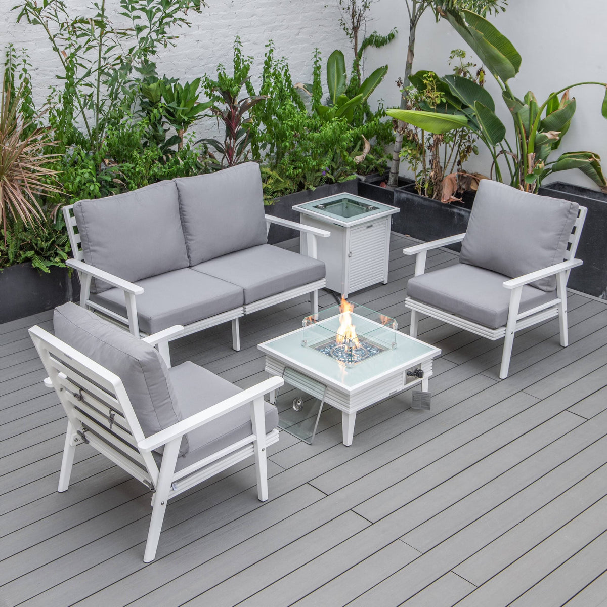 LeisureMod Walbrooke Modern Aluminum 5-Piece Patio Conversation Set with Outdoor Square Fire Pit Table with Slats Design & Side Table Tank Holder (Green)