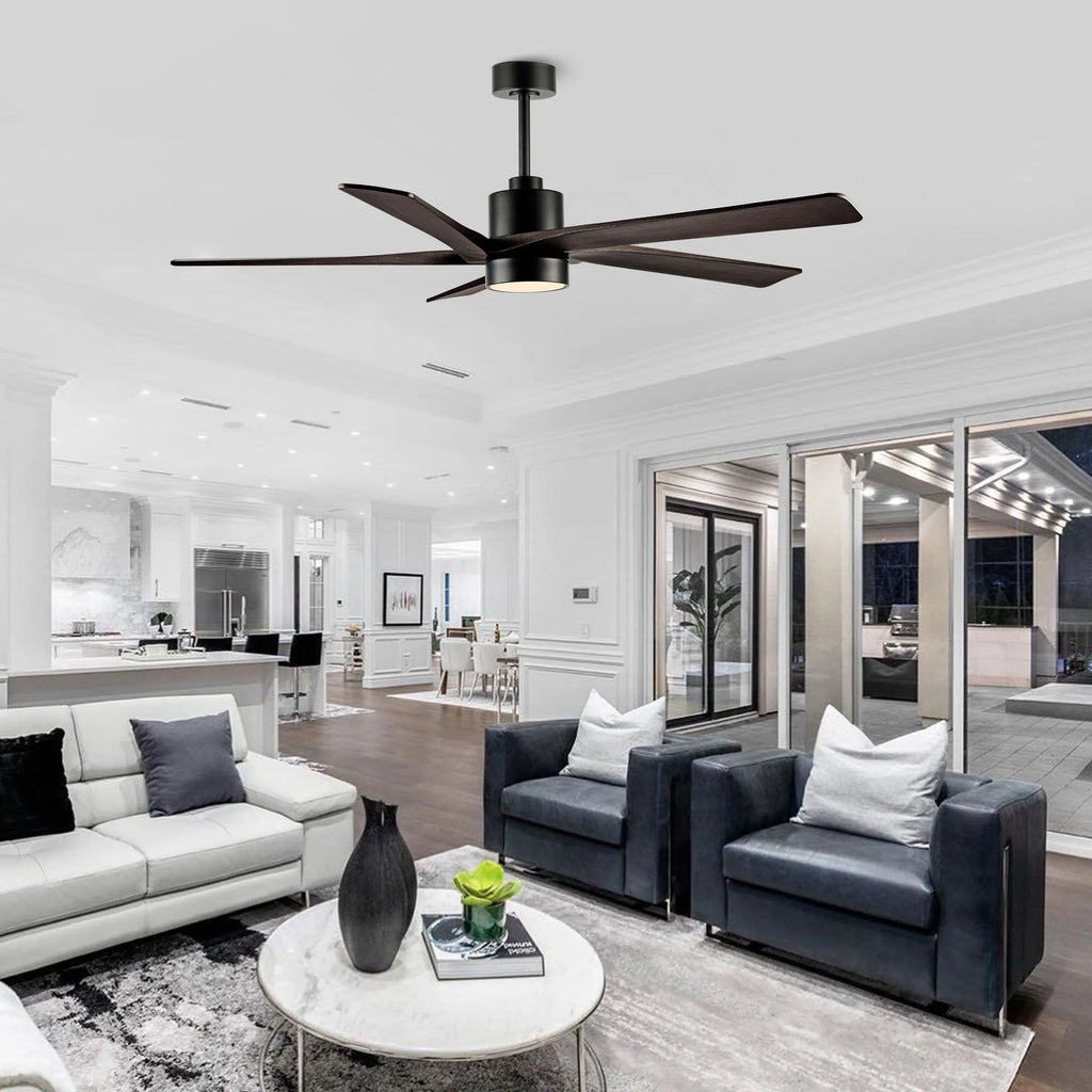 WINGBO 64 Inch DC Ceiling Fan with Lights and Remote Control, 5 Reversible Carved Wood Blades - N/A Matte Black/Walnut