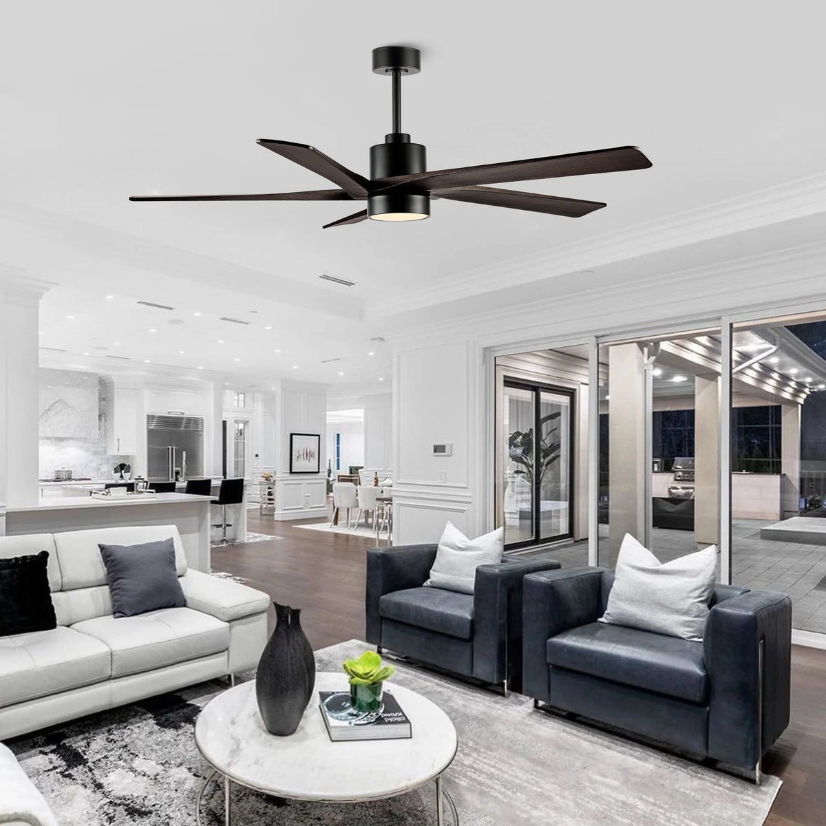 WINGBO 64 Inch DC Ceiling Fan with Lights and Remote Control, 5 Reversible Carved Wood Blades - N/A Matte Black/Walnut