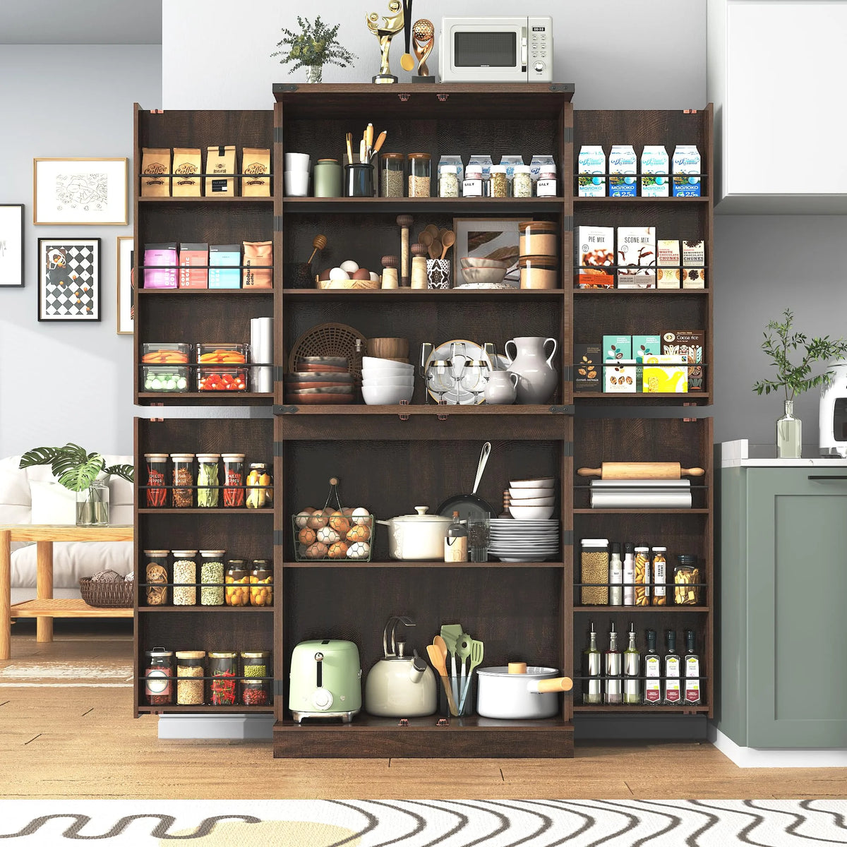 71" Tall Farmhouse Kitchen Pantry with 12 Side Shelves & Adjustable Shelves, 5 Layers Pantry Storage Cabinet w/Load-Bearing Steel Pipe & 4 Barn Doors for Kitchen, Dining Room, Living Room, Brown