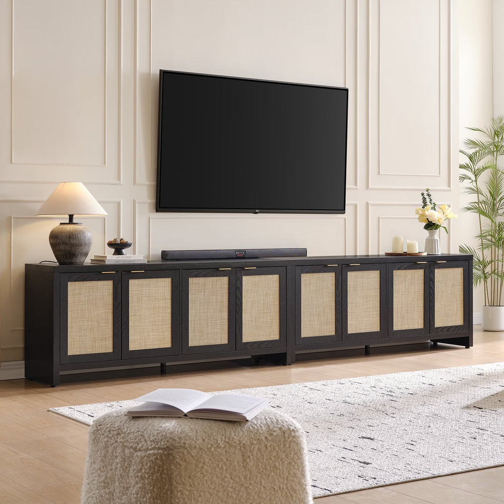 SICOTAS 61.5"W Rattan TV Stand with 4 Doors, Boho Entertainment Center with Adjustable Shelves & Spacious Countertop �C Large Boho Farmhouse Media Console for Living Room, Reclaimed Caramel Oak