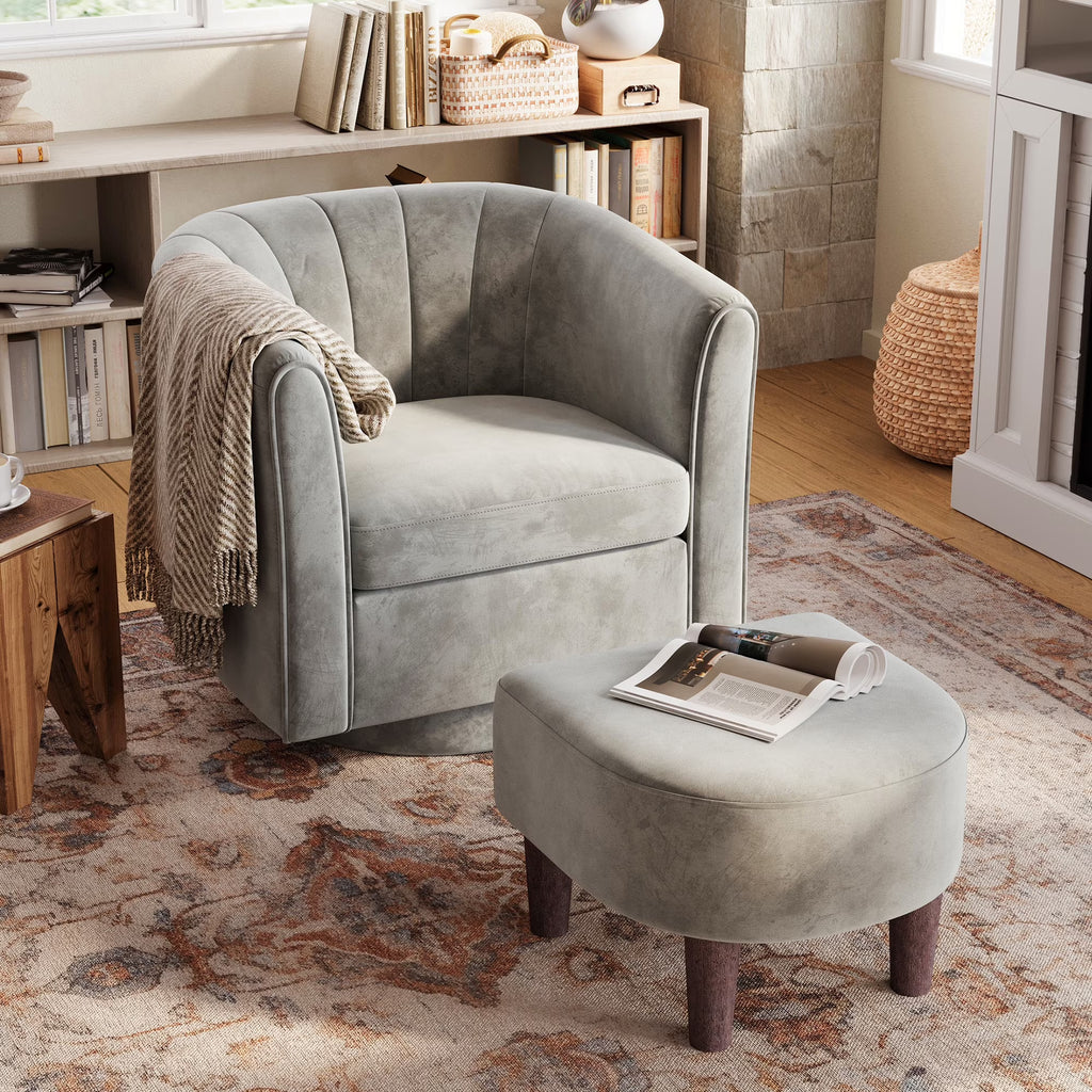 LINSY HOME Swivel Accent Chair with Ottoman, Velvet Barrel Chair for Living Room, Blue