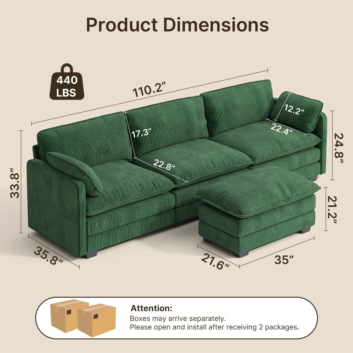 110" Sectional Sofa, L-Shaped Sofa Couch with Deep Seat and Movable Footrest Sofa for Office|Living Room, Gray