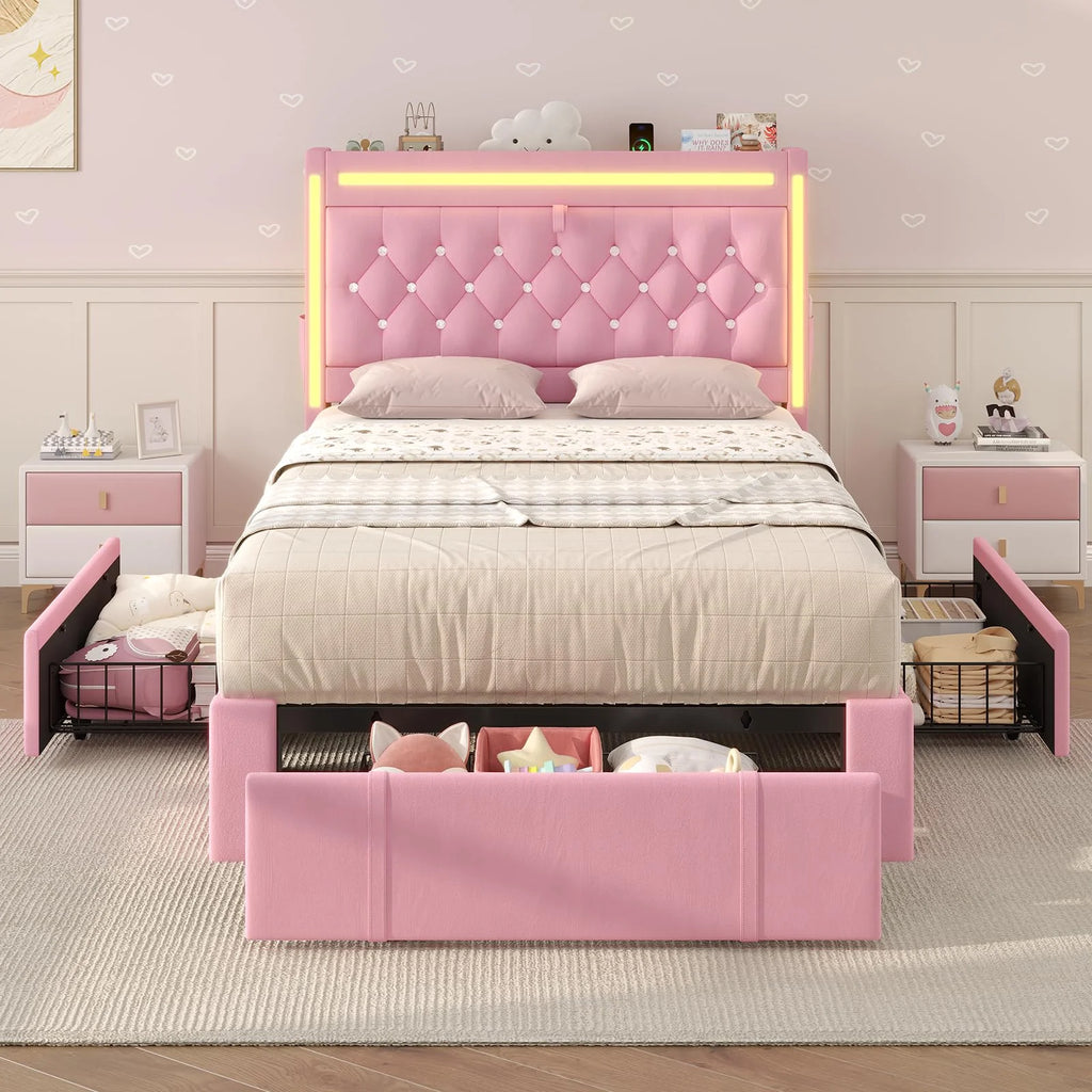 Platform Bed Twin Size with Storage Drawers and Headboard,, Twin Size Velvet Upholstered Bed with RGB Lighting and Power Outlet, No Box Spring Needed, Noise-Free, White