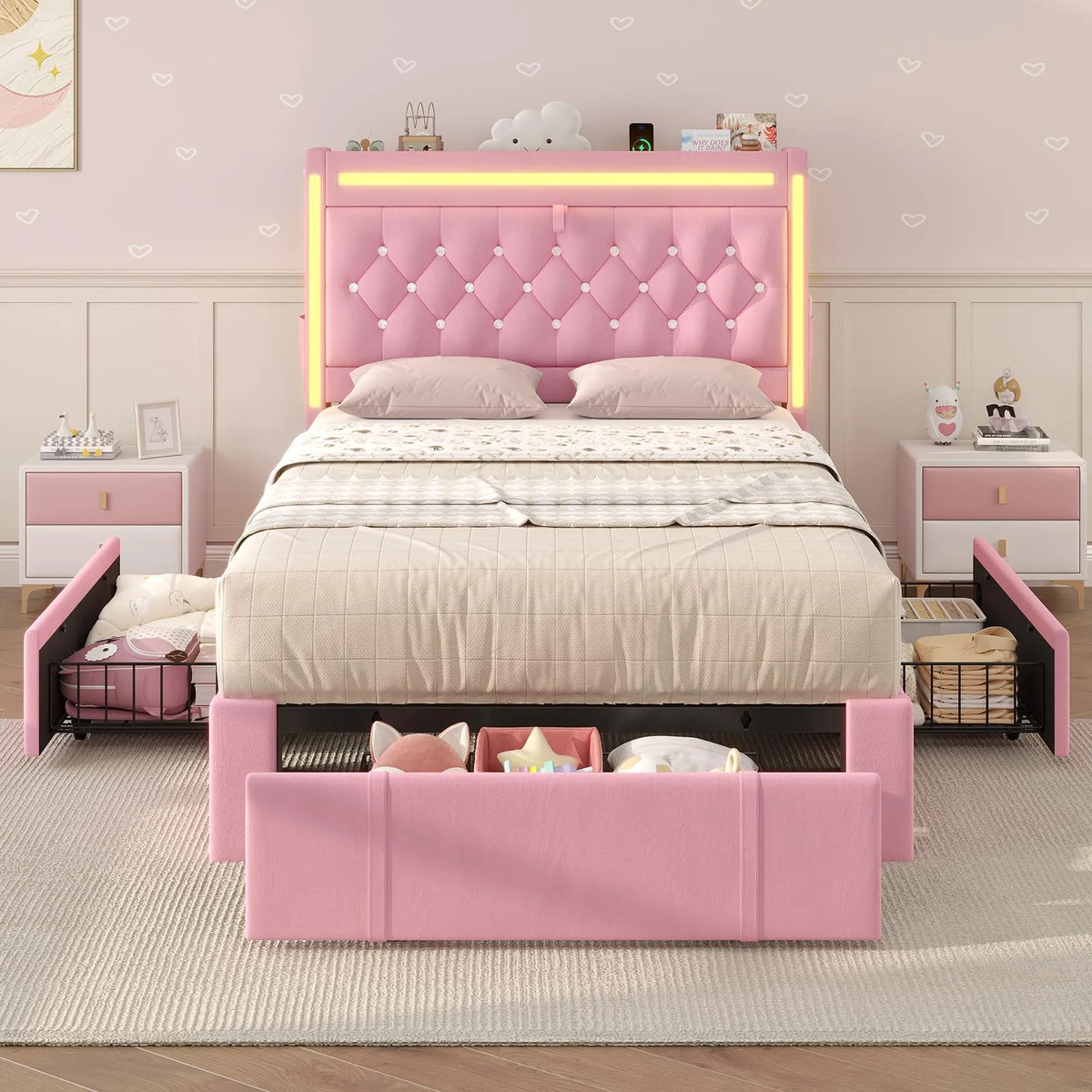 Platform Bed Twin Size with Storage Drawers and Headboard,, Twin Size Velvet Upholstered Bed with RGB Lighting and Power Outlet, No Box Spring Needed, Noise-Free, White