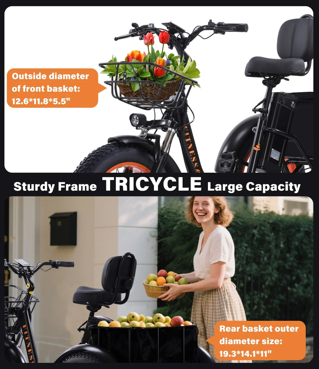 YEBEI Electric Tricycle for Adults Folding E-Trike Motorized Tricycle Electric 3 Wheels Trike Powerful 500W Motor Electric Tricycle 48V15AH Lithium Battery Max 20MPH 20*4.0” Fat Tire Orange