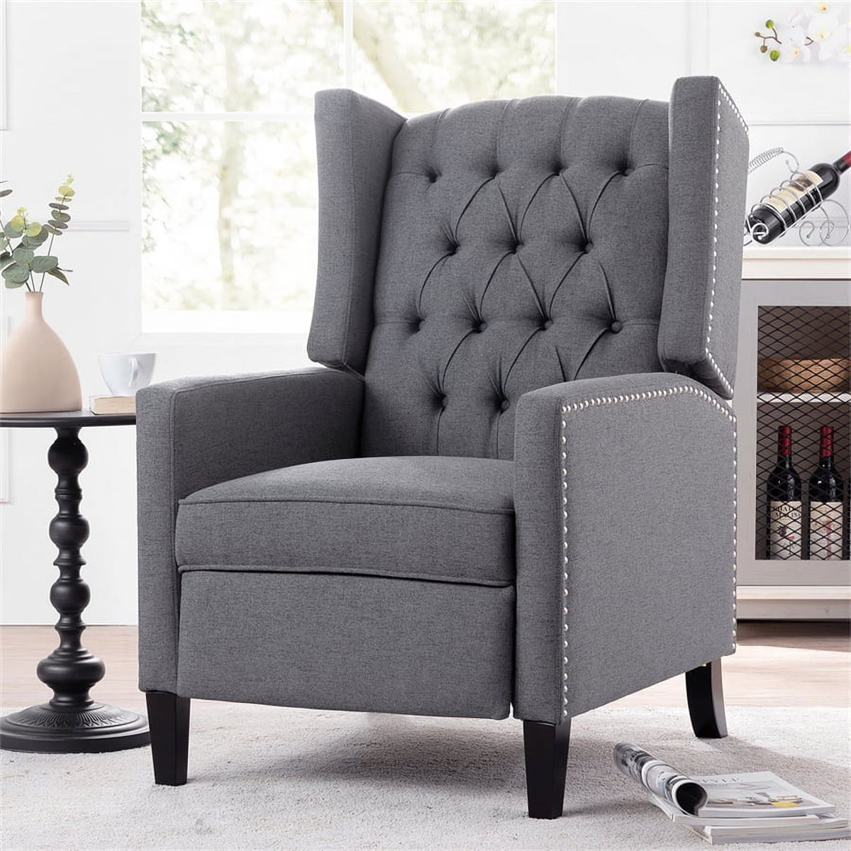Triple Tree Modern Fabric Foam Wood Solid Print Nailhead Trim Accent Chair, Beige