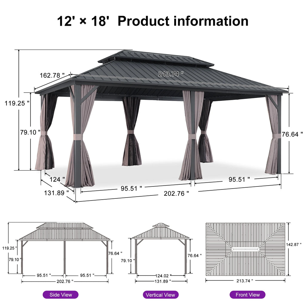PURPLE LEAF 8' X 8' Gazebo Outdoor Gazebo Permanent Hardtop Gazebo with Galvanized Steel Double Roof for Patio Backyard Deck Aluminum Gazebo with Netting and Curtains Grey