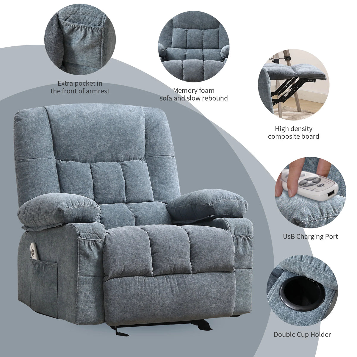 JONPONY Manual Recliner Chair with Heat Therapy and Massage Function, Heavy Duty Reclining Mechanism Massage Chair, Elderly Single Rocker Sofa with Cup Holders for Bedroom Home Theater,Blue