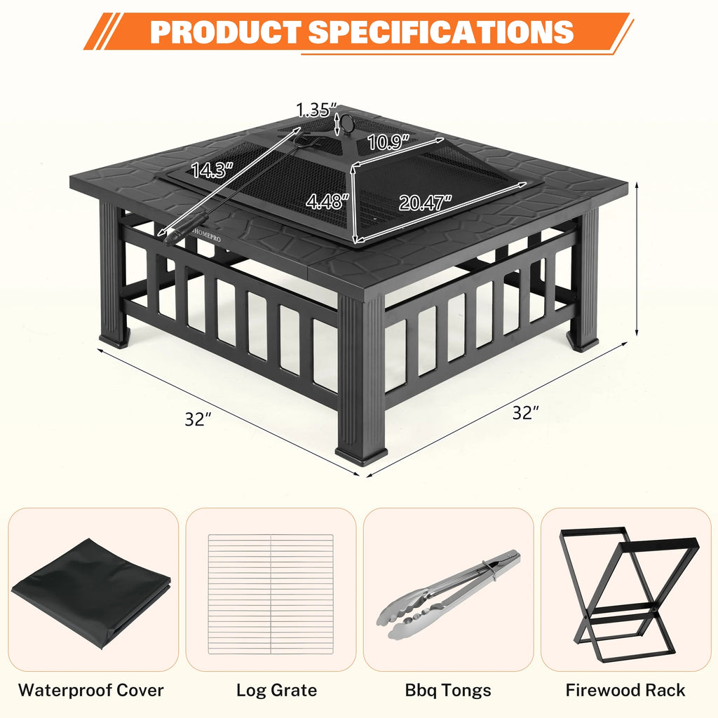 Fire Pits for Outside, 32" Wood Burning Fire Pit Tables with Firewood Rack, Screen Lid, Poker, BBQ Net, Food Clip and Cover, Backyard Patio Garden Outdoor Fire Pit BBQ Fire Pit, Black