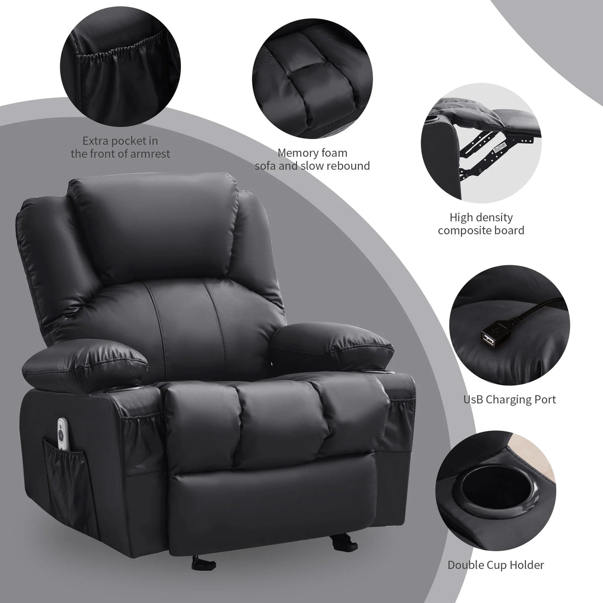 JONPONY Manual Recliner Chair with Heat Therapy and Massage Function, Heavy Duty Reclining Mechanism Massage Chair, Elderly Single Rocker Sofa with Cup Holders for Bedroom Home Theater,Black
