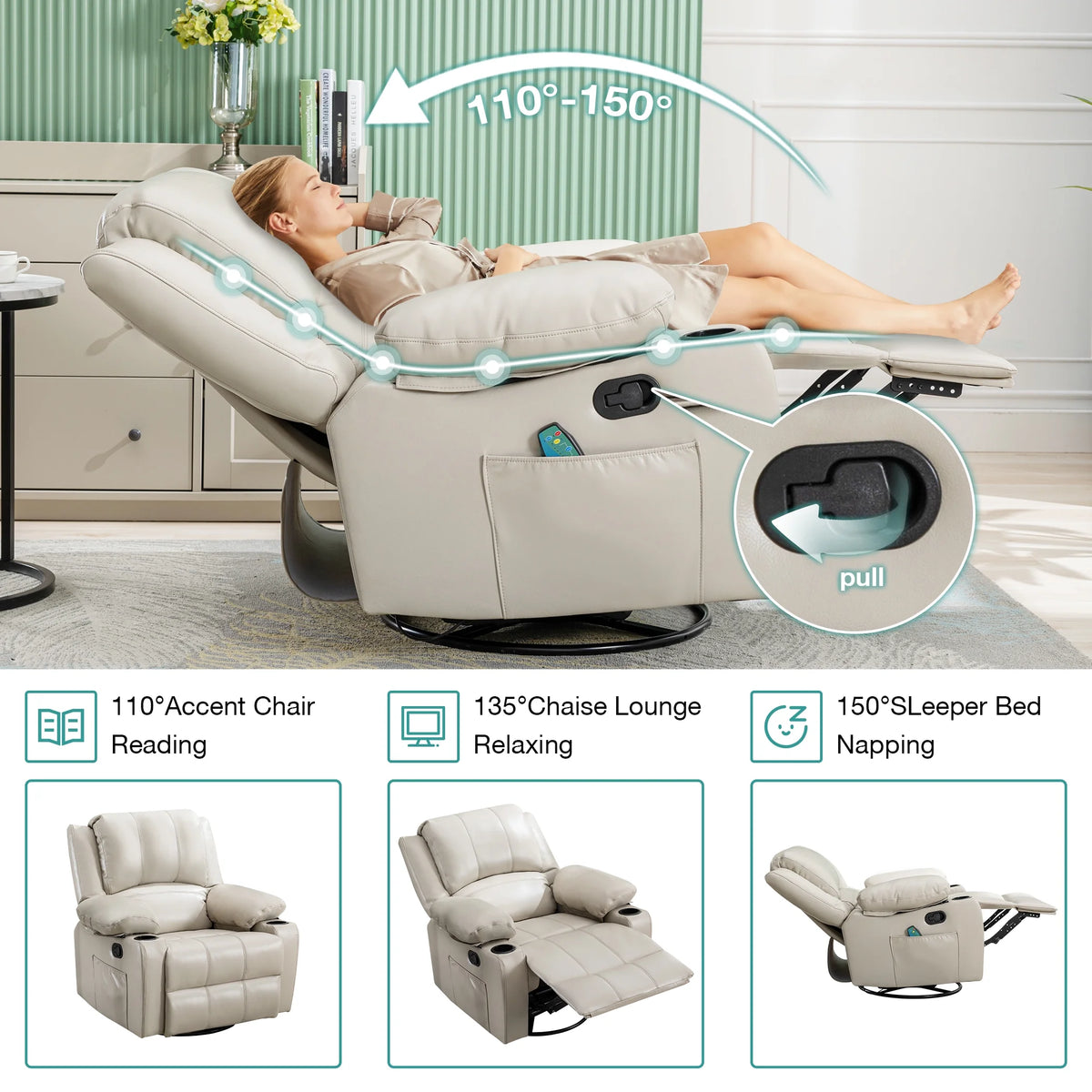 JONPONY Manual Recliner Chair with Heat Therapy and Massage Function, Heavy Duty Reclining Mechanism Massage Chair, Elderly Single Rocker Sofa with Cup Holders for Bedroom Home Theater,Black