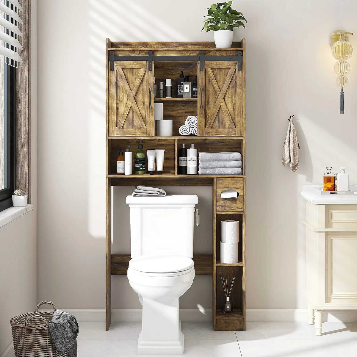 Over The Toilet Storage Cabinet, Farmhouse Storage Cabinet Over Toilet with Sliding Doors��Home Space-Saving Toilet Rack, for Bathroom, Restroom, Laundry