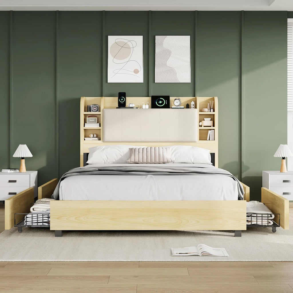 PLAUIN King Size Bed Frame with Storage Drawers, 47.2" Headboard and Wooden Platform, Grey