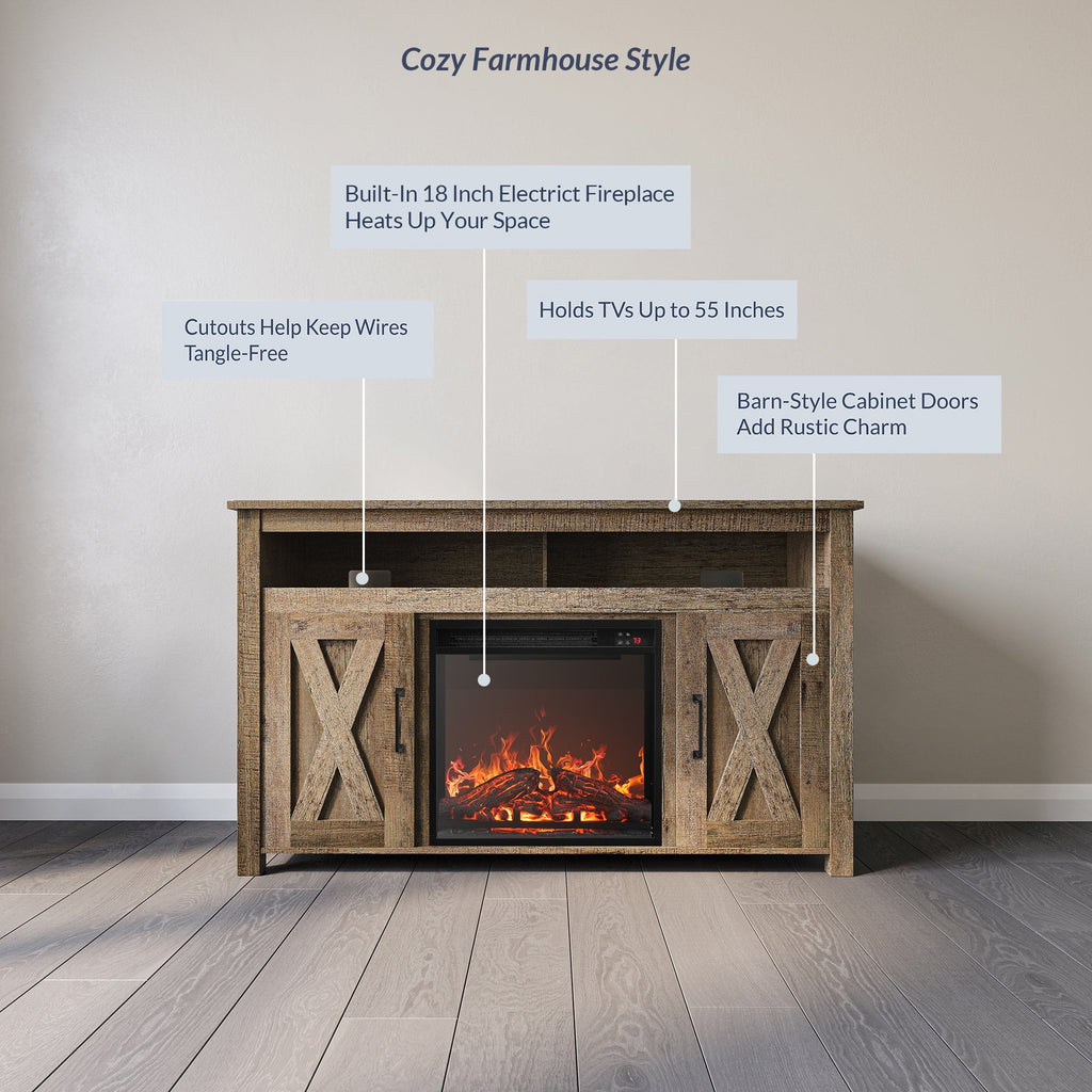 BELLEZE 58 Inch TV Stand, Contemporary Entertainment Center for TVs up to 65", Wood Media Console Table with Two Open Shelves and Barn Door Cabinets - Corin (White)
