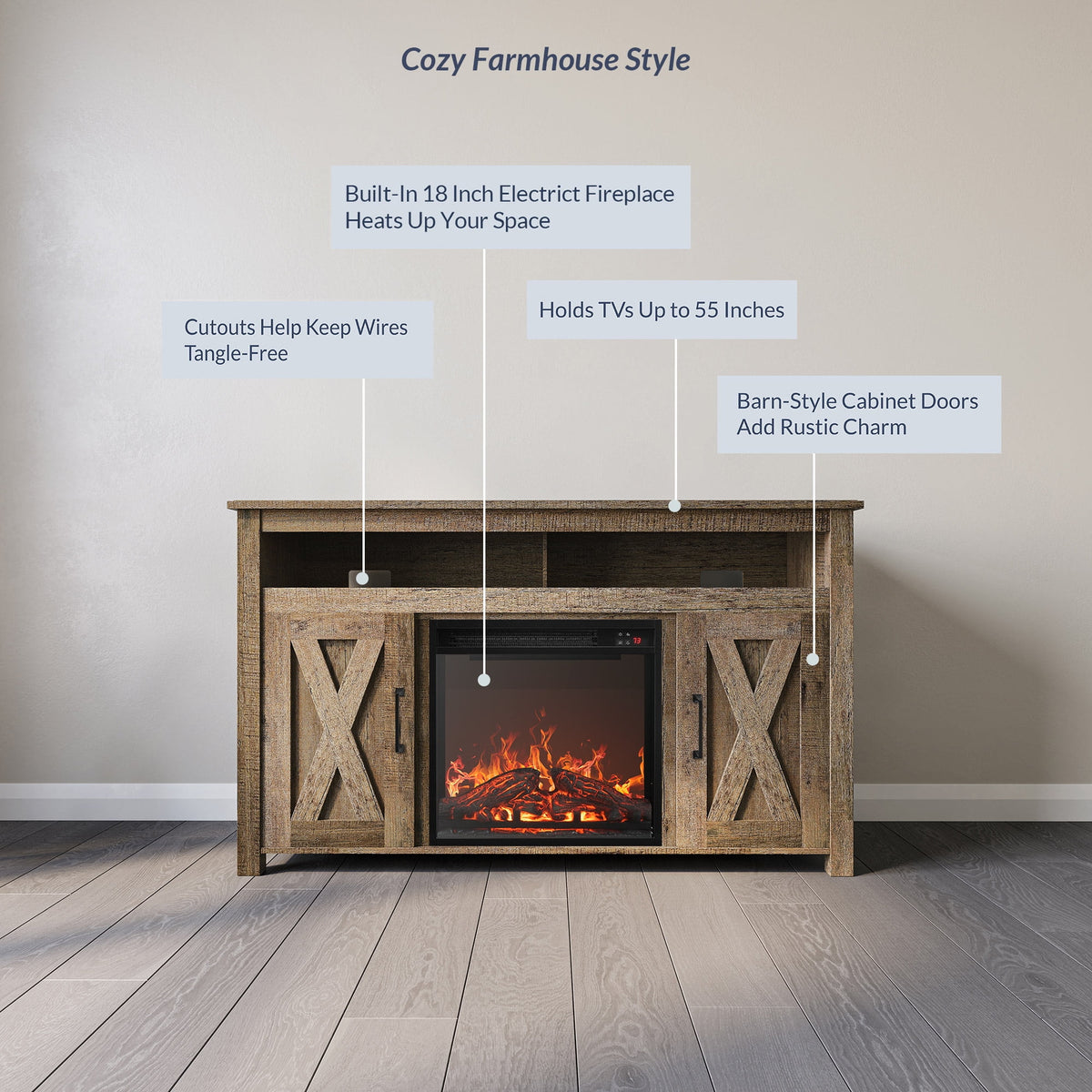 BELLEZE 58 Inch TV Stand, Contemporary Entertainment Center for TVs up to 65", Wood Media Console Table with Two Open Shelves and Barn Door Cabinets - Corin (White)