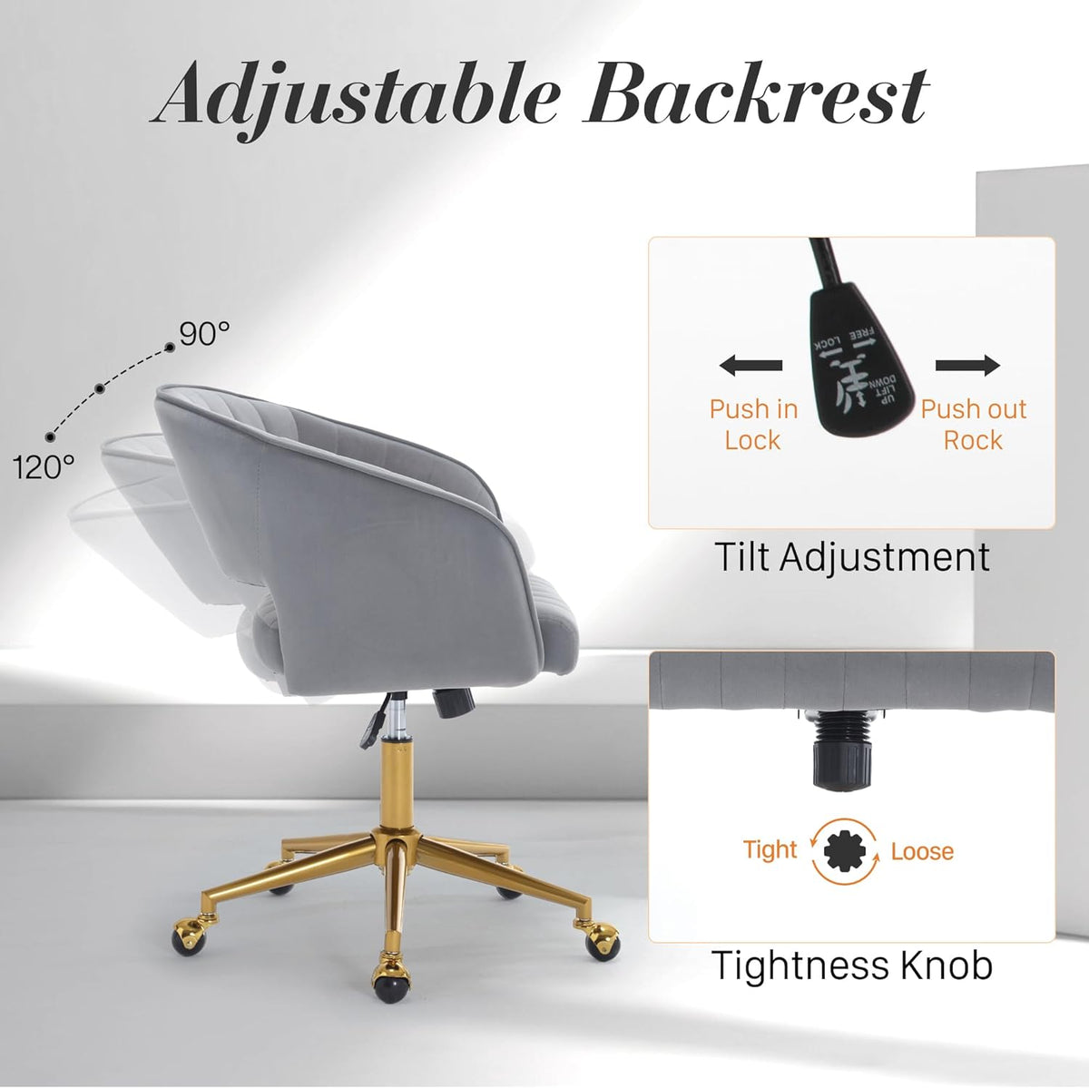 Home Office Swivel Desk Chair, Modern Velvet Vanity Chair, Height Adjustable Armchair with Gold Base, Ergonomic Office Chair for Task Study Computer Room, Beige