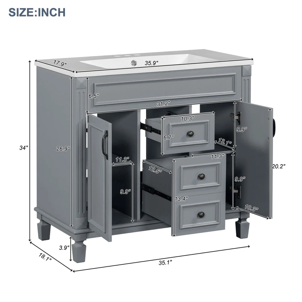 Modern Bathroom Cabinet Set with Top Sink,  Bathroom Vanity with Wall Mounted Bathroom Storage Cabinet, 2 Soft Closing Doors, 2 Drawers, Water-Resistant Paint, Grey