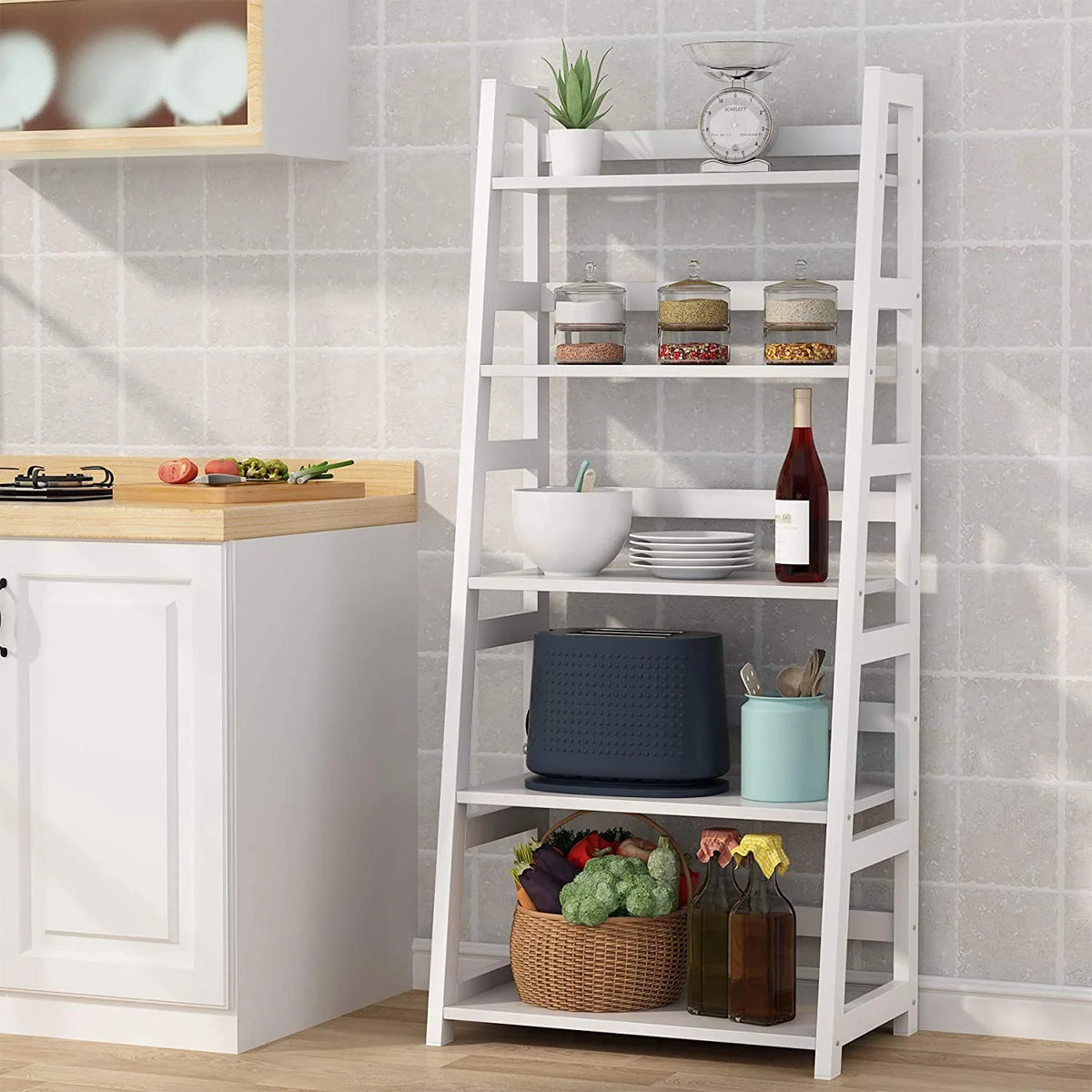 Tribesigns 5 Shelf Ladder Bookshelf Bookcase with Storage, Modern Etagere Bookcase for Living Room , Wood & Metal