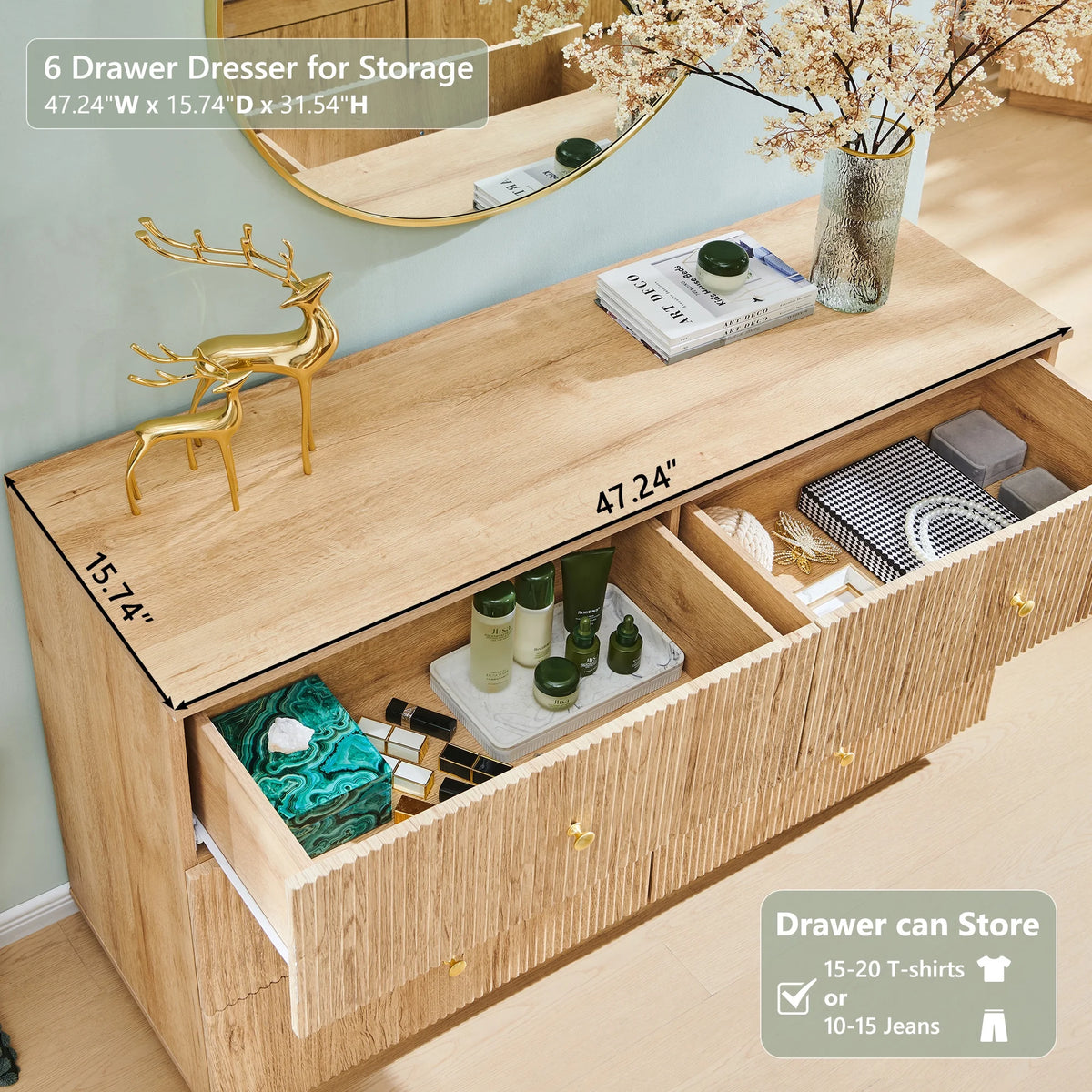 wow97e Fluted 6 Drawers Dresser, Wood 47" Tall Chest of Drawers with Deep Storage, Modern Bedroom Chest for Closet Hallway, Entryway, Living Room