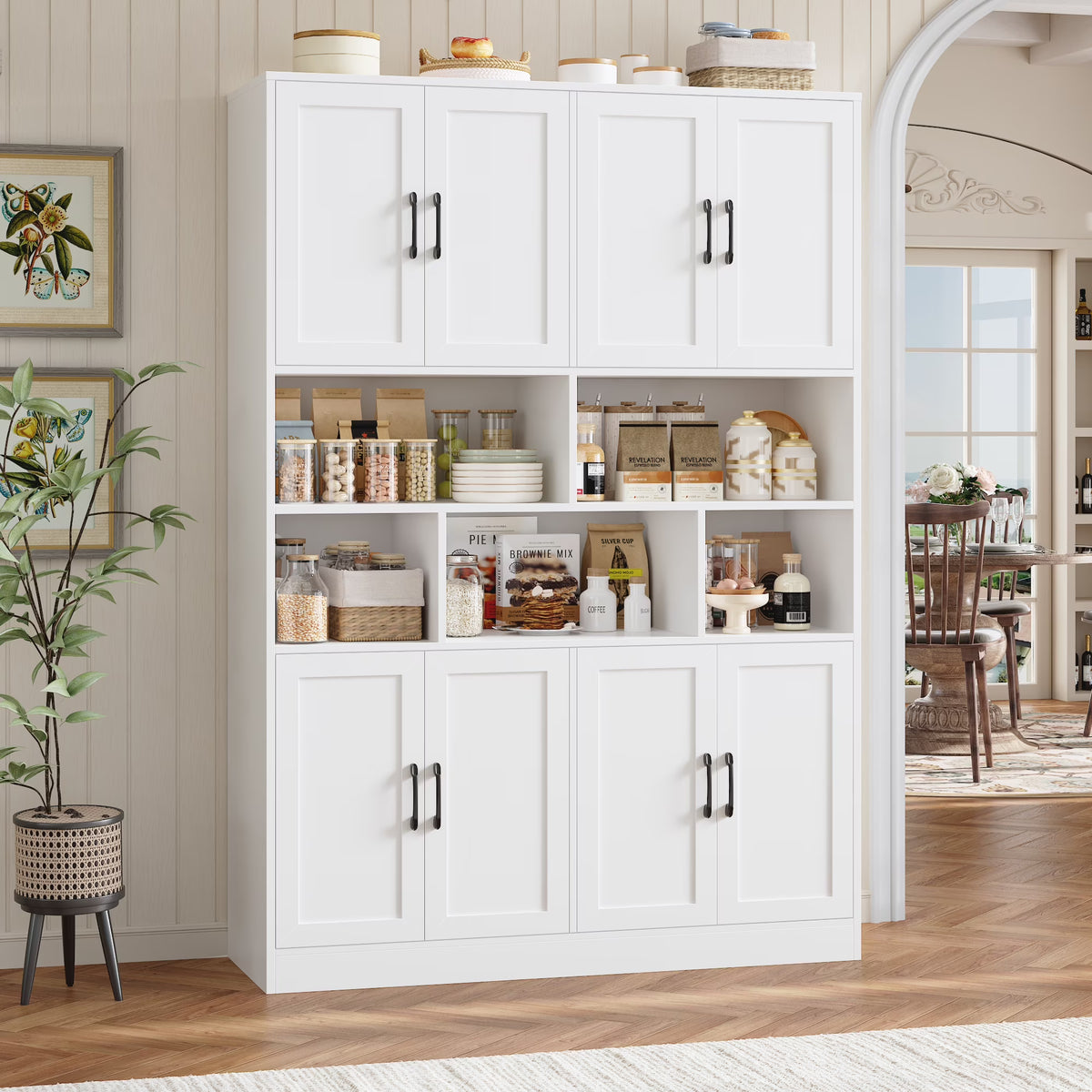 Homfa 8 Door Pantry Cabinet with Adjustable Shelves��71��H Storage Cabinet with Open Cubes for Kitchen, Dining Room, White