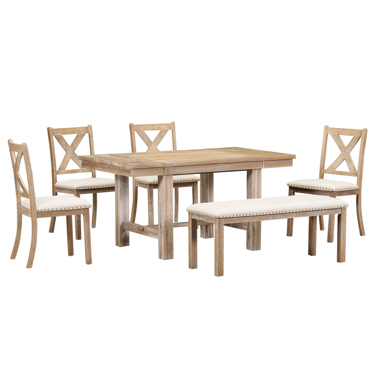 6 Piece Extendable Dining Table Set, Atumon Wood Dining Room Set for 6, Dining Table Set with 4 Beige Cushioned Chairs and Bench, Farmhouse Dining Table Set Furniture for Kitchen Dining Room, Natural