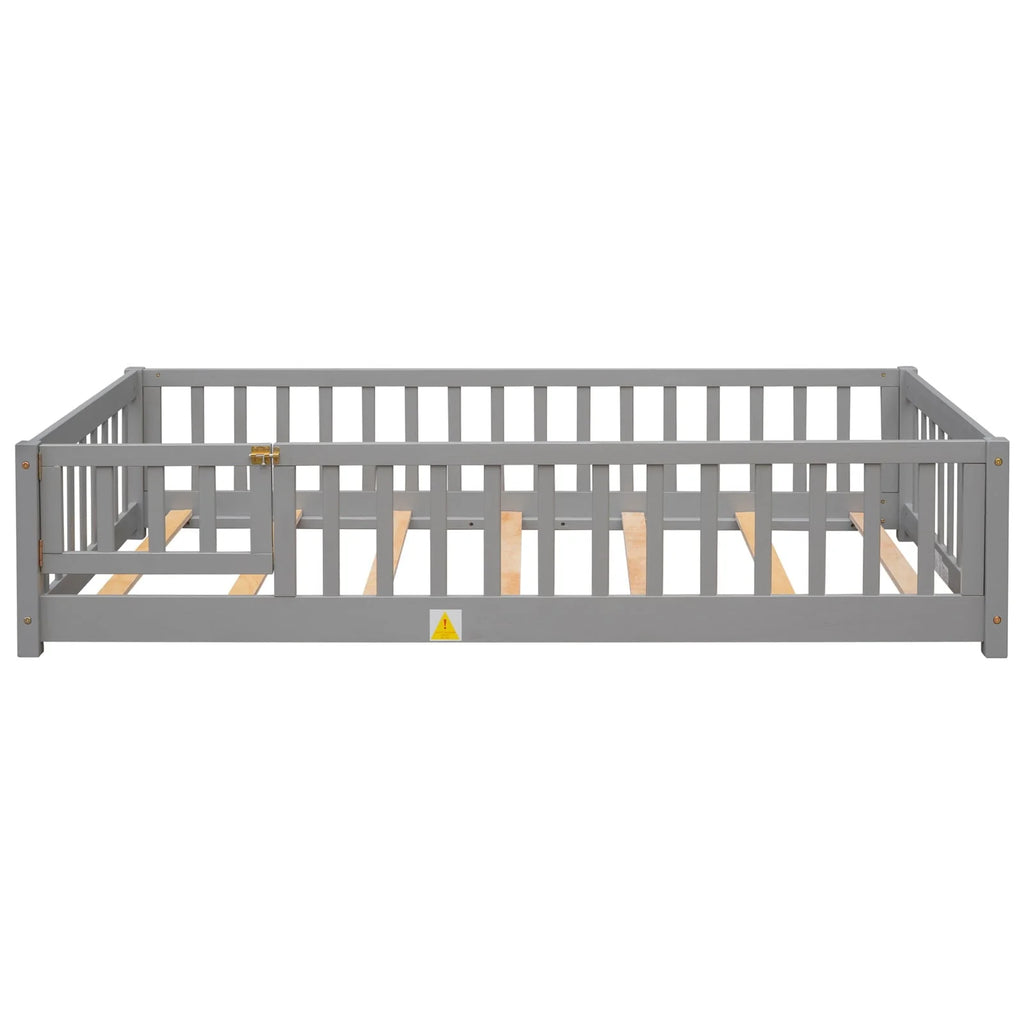 Twin Size Floor Bed Frame, Solid Wood Platform Bed Frame with Safety Fence & Small Door, Montessori Floor Bed with Slats Support for Boys Girls, No Box Spring Needed, Grey