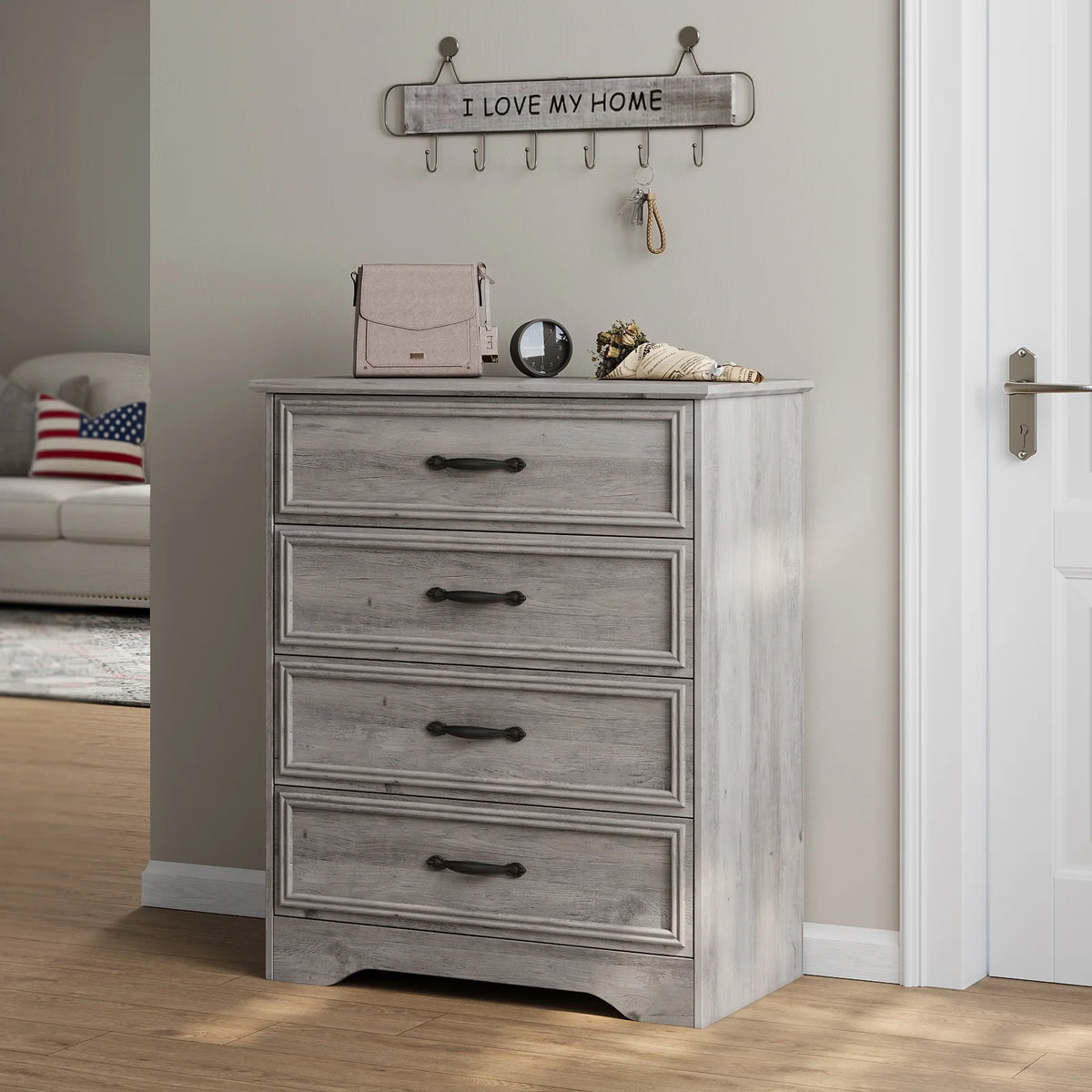 LGHM 4 Drawer Dresser, Modern Wood Chest Dresser for Bedroom Livingroom Gray