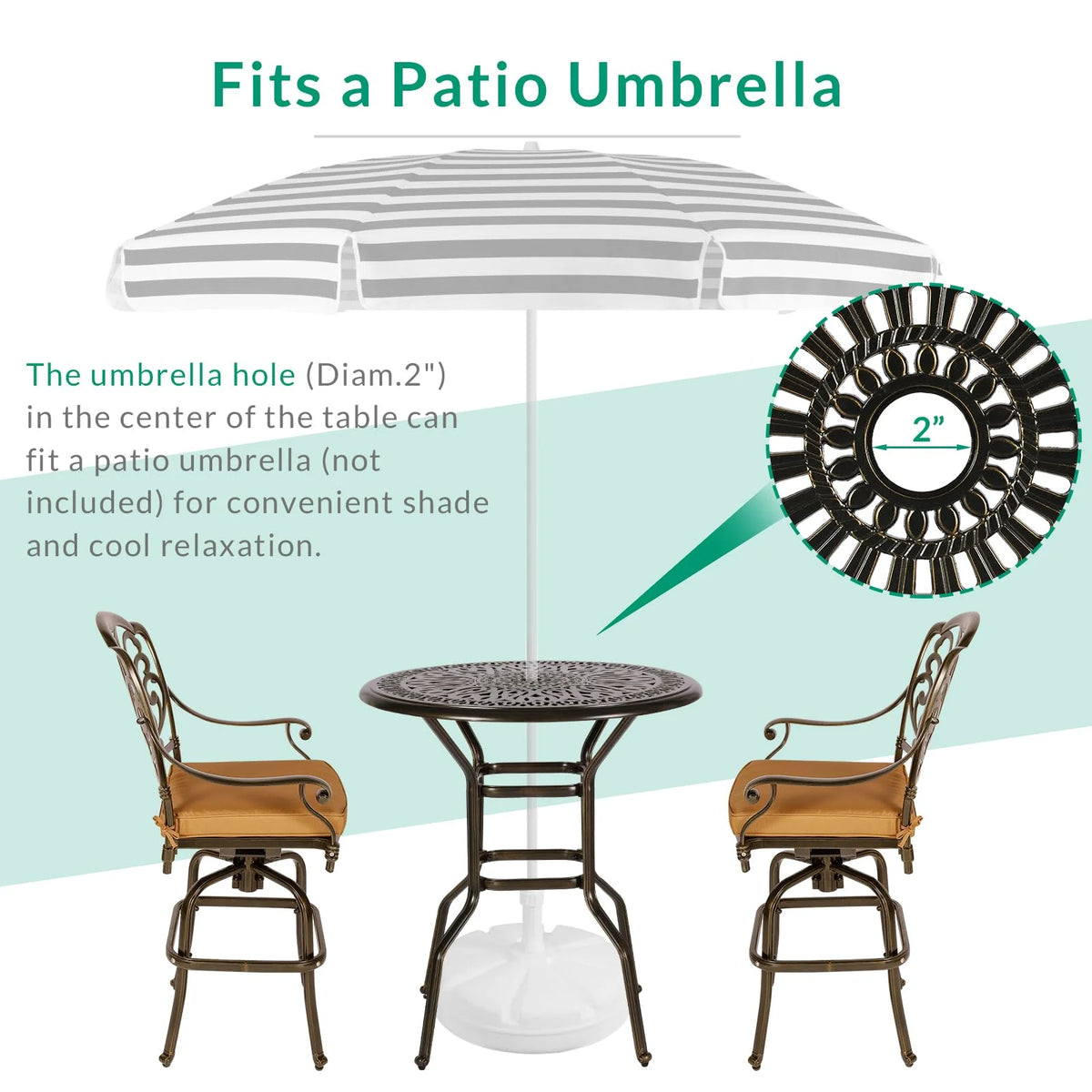 VIVIJASON 35.2" Patio Height Bar Table, All-Weather Cast Aluminum Bar Bistro Table Outdoor Patio Round Dining Table with Umbrella Hole for Balcony, Lawn, Garden, Backyard, Antique Bronze