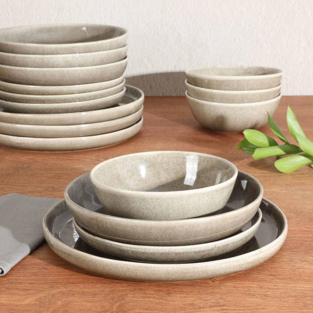 Gibson Elite Berea 16 Piece (Service for 4) Plates and Bowls Stoneware Dinnerware Set -Taupe