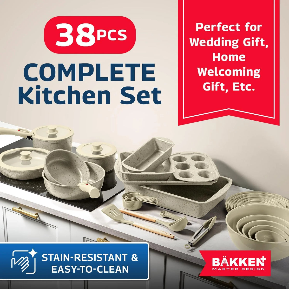 Bakken Master 38 Piece Granite Cookware and Bakeware Set �C Nonstick Granite Coating, Pots and Pans with Detachable Handles and Tempered Glass Lids, 6-piece Bakeware set, 12-piece Mixing Bowls,Brown