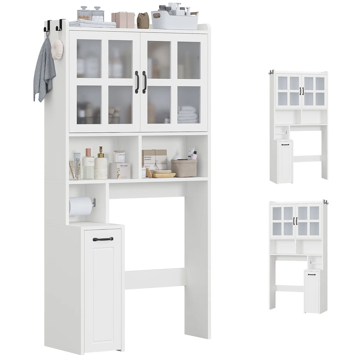 Frhnenha Over The Toilet Storage Cabinet with Pulley, Bathroom Storage Cabinet, with Adjustable Shelf and Open Shelf for Bathroom, Restroom, Laundry, White
