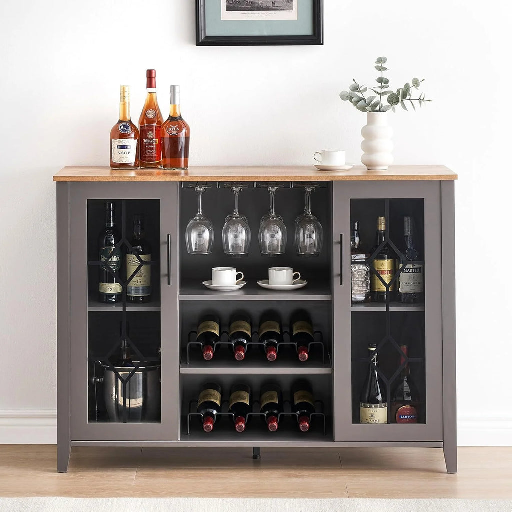FOLDLIFE Wine Bar Cabinet with LED Lights, Liquor Cabinet Bar with Storage Cabinet, Coffee Cabinet with Bottles and Glass Rack, Buffet Sideboard with Storage Cabinet&Drawers,Dark Grey