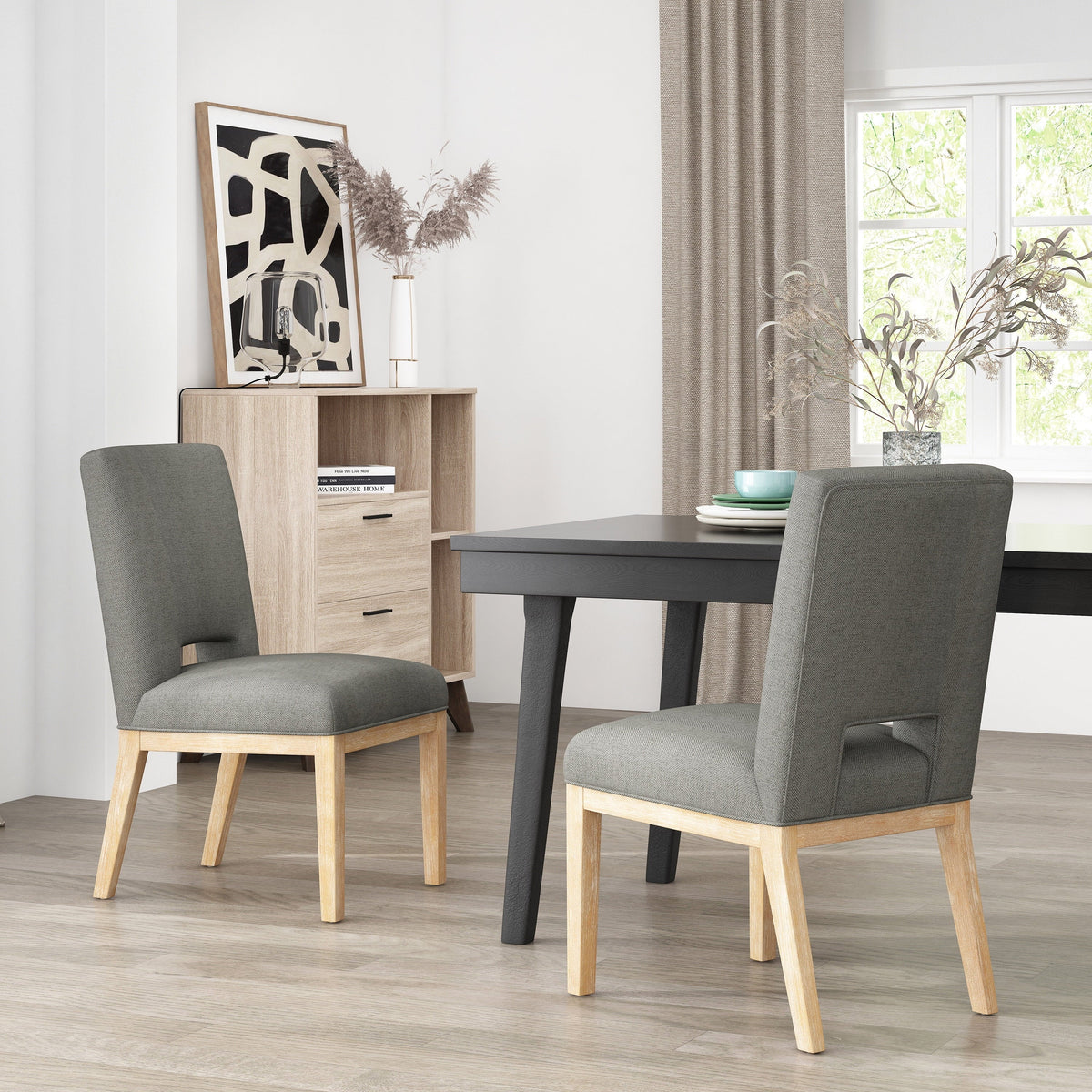 GDF Studio Parkey Contemporary Fabric Upholstered Dining Chairs, Set of 2, Deep Gray and Weathered Natural