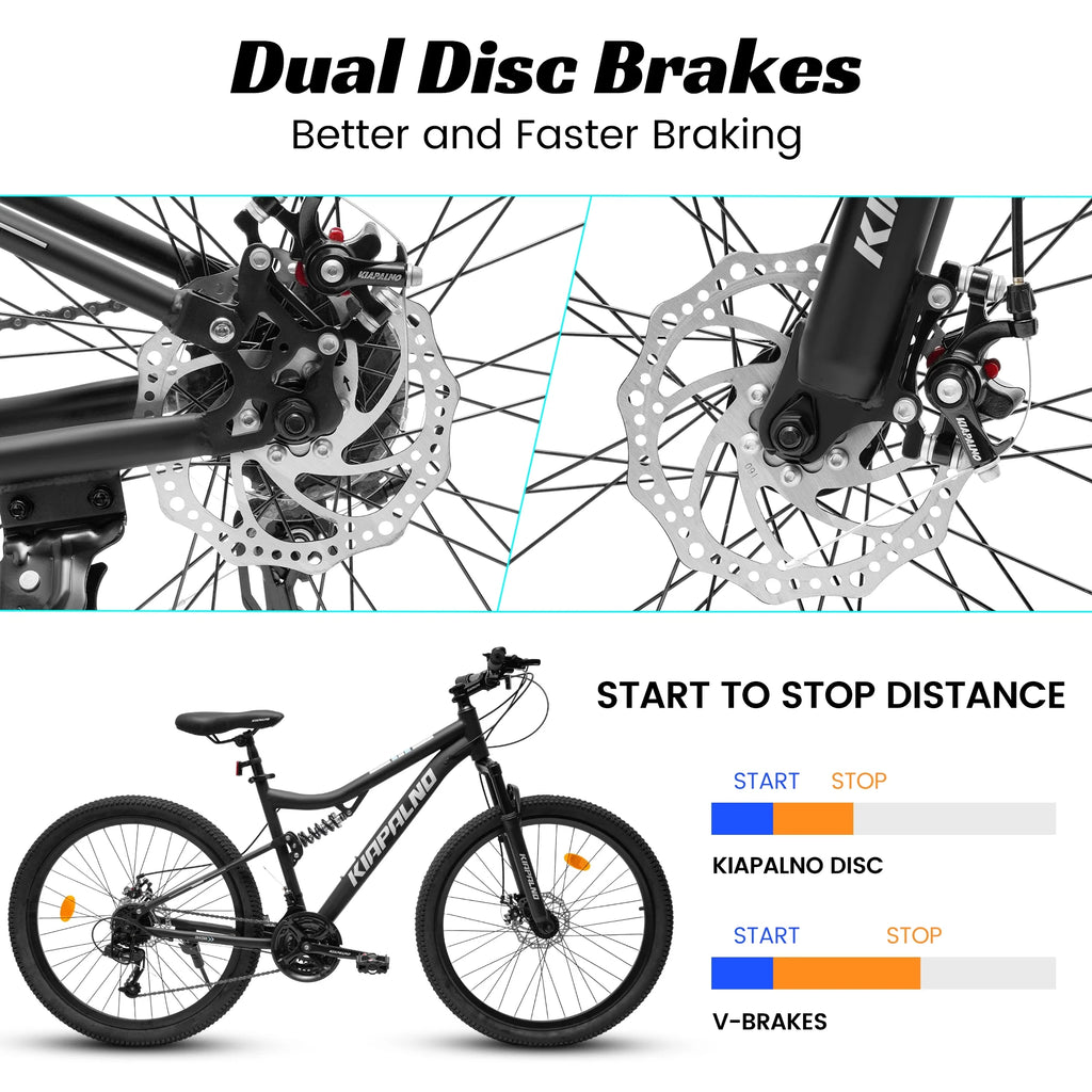 26 Inch Mountain Bike Dual Full Suspension, Shimano 21-Speed Mountain Bicycle with Dual Disc Brakes and Carbon Steel Frame, Trail Beach Snow Commuter City Bike for Adult Men Women, Black