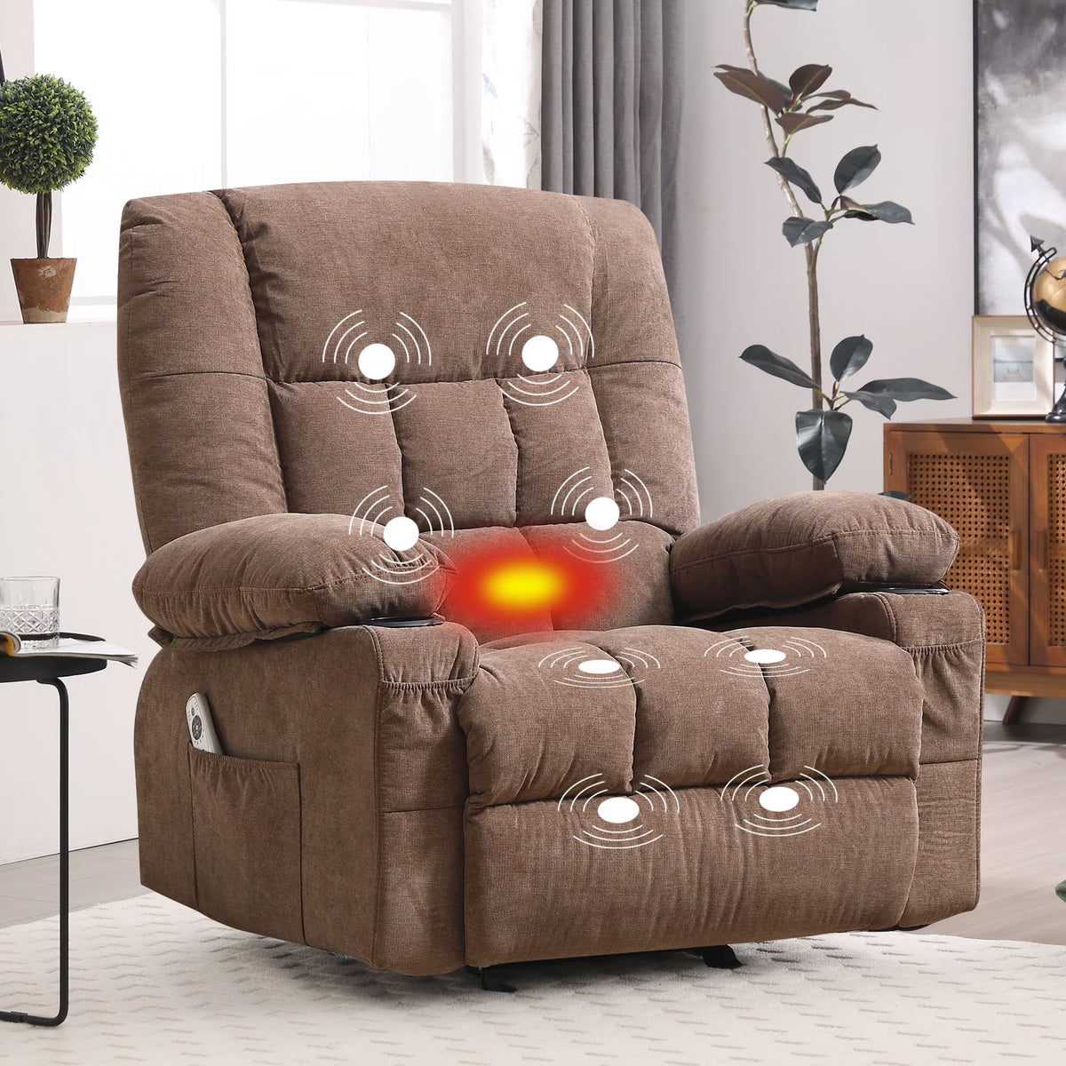 JONPONY Manual Recliner Chair with Heat Therapy and Massage Function, Heavy Duty Reclining Mechanism Massage Chair, Elderly Single Rocker Sofa with Cup Holders for Bedroom Home Theater,Blue