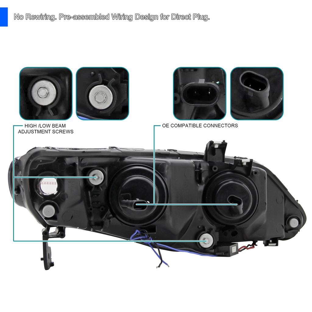 Spec-D Tuning LED Headlights Black Compatible with 2006-2011 Honda Civic 4 Door Sedan, Left + Right Pair Headlamps Assembly