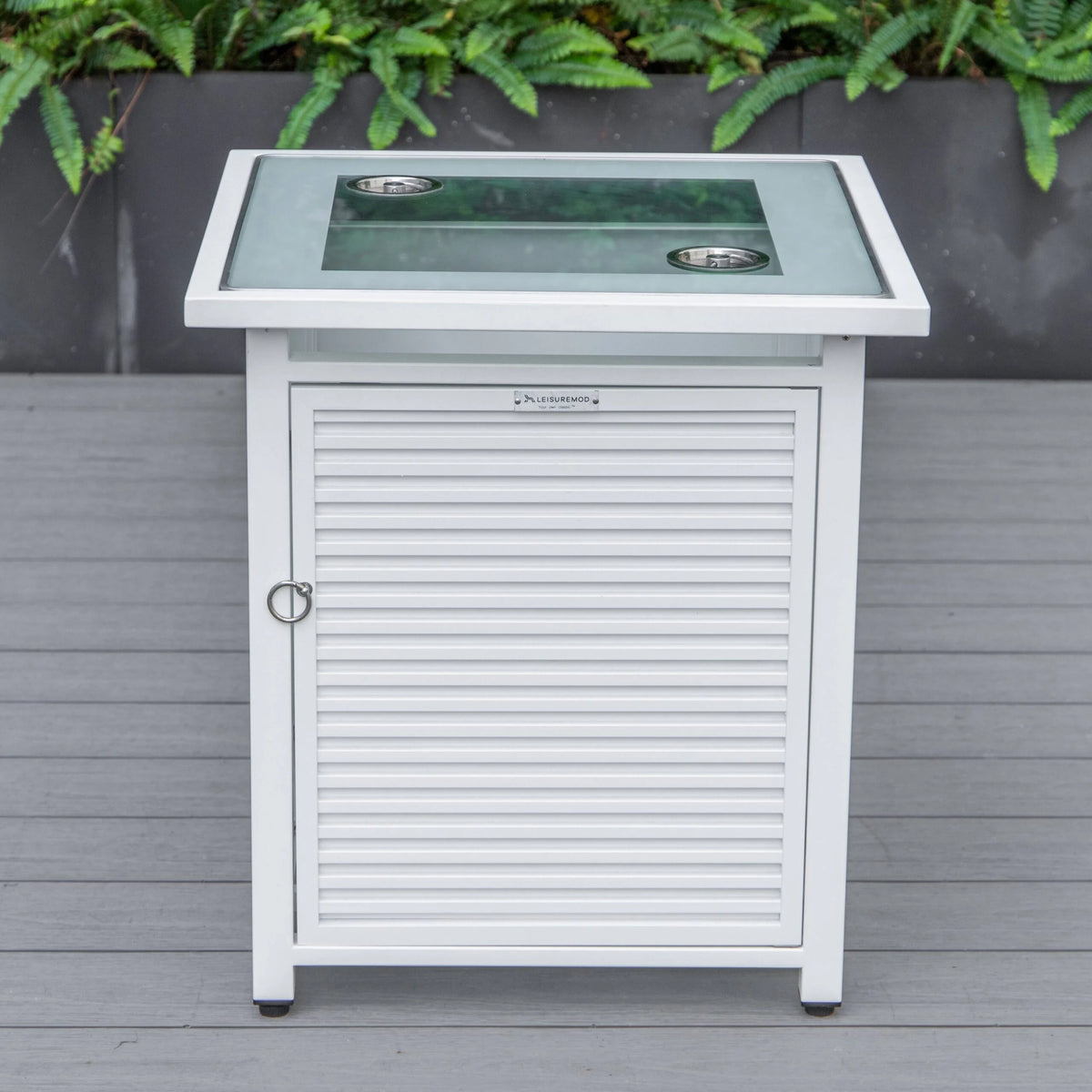 LeisureMod Walbrooke Modern Aluminum 5-Piece Patio Conversation Set with Outdoor Square Fire Pit Table with Slats Design & Side Table Tank Holder (Green)