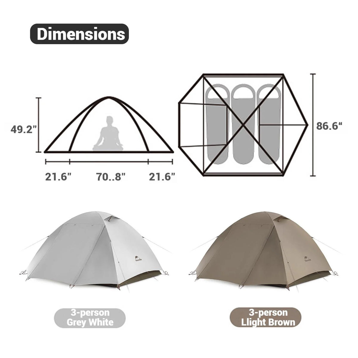 Naturehike, Ultralight Hiking Tent, Portable Camping Tent with Two Doors, Waterproof and Wind-resistant Dome Tent, UV Protection Backpacking Tent