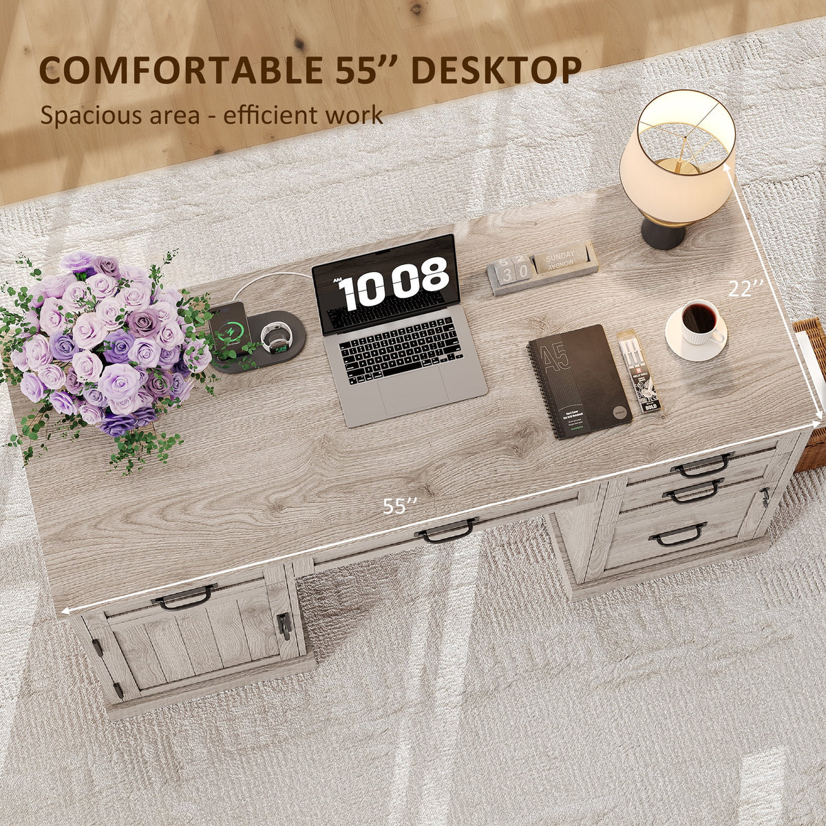 Whalefall 55 in Farmhouse Executive Desk with File Drawer for Adult Home Office, White