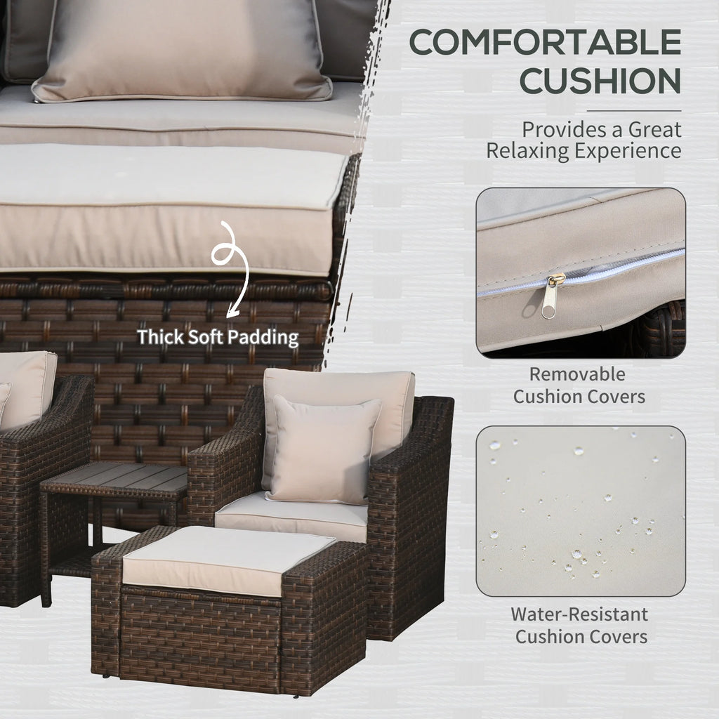 Outsunny 5 Piece Patio Furniture Set, All Weather PE Rattan Conversation Chair & Ottoman Set w/ Table, Cushions & Pillows Included, Beige