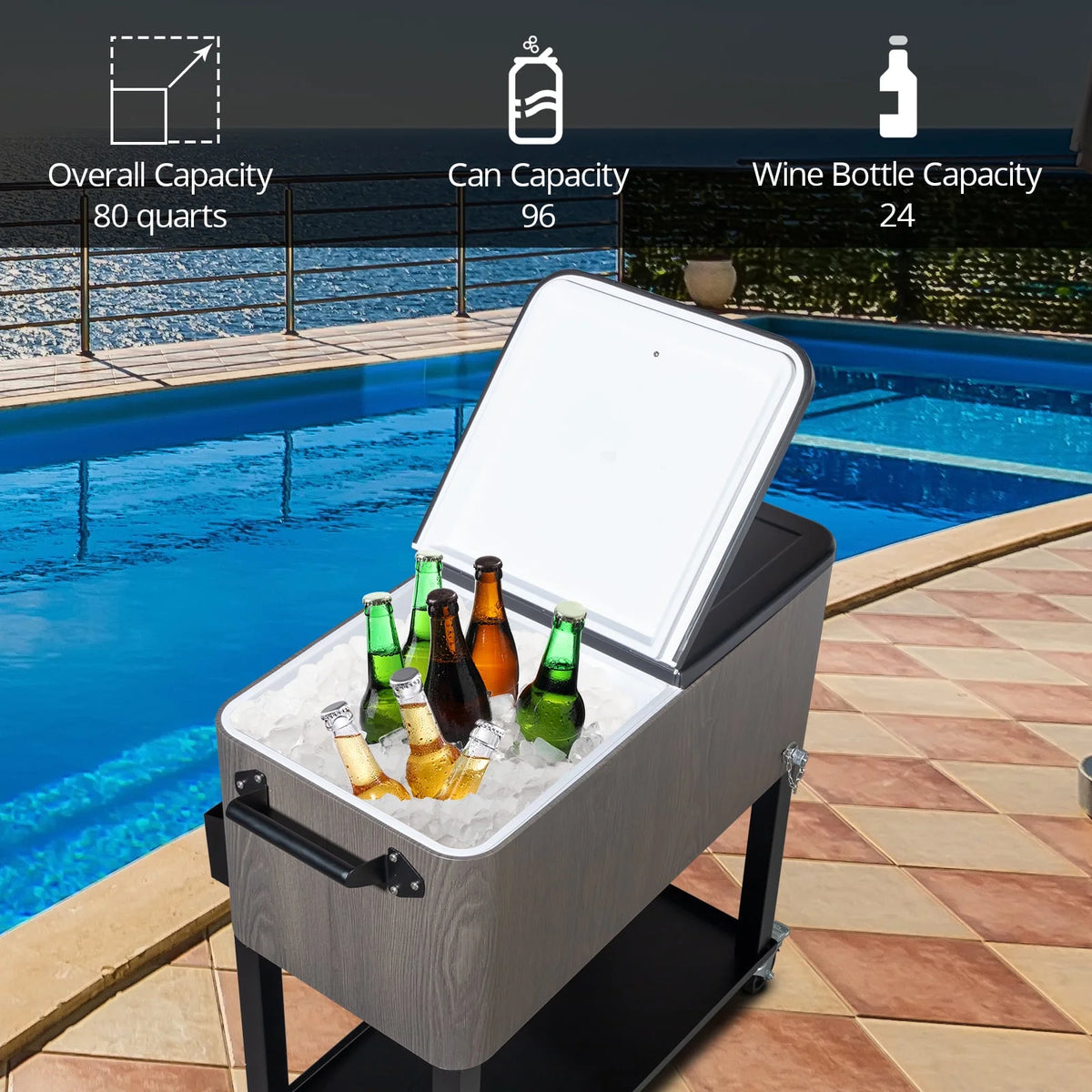 EasingRoom Iron Spray Plastic Patio Cooler Cart with Tray Cooler with Shelf Green
