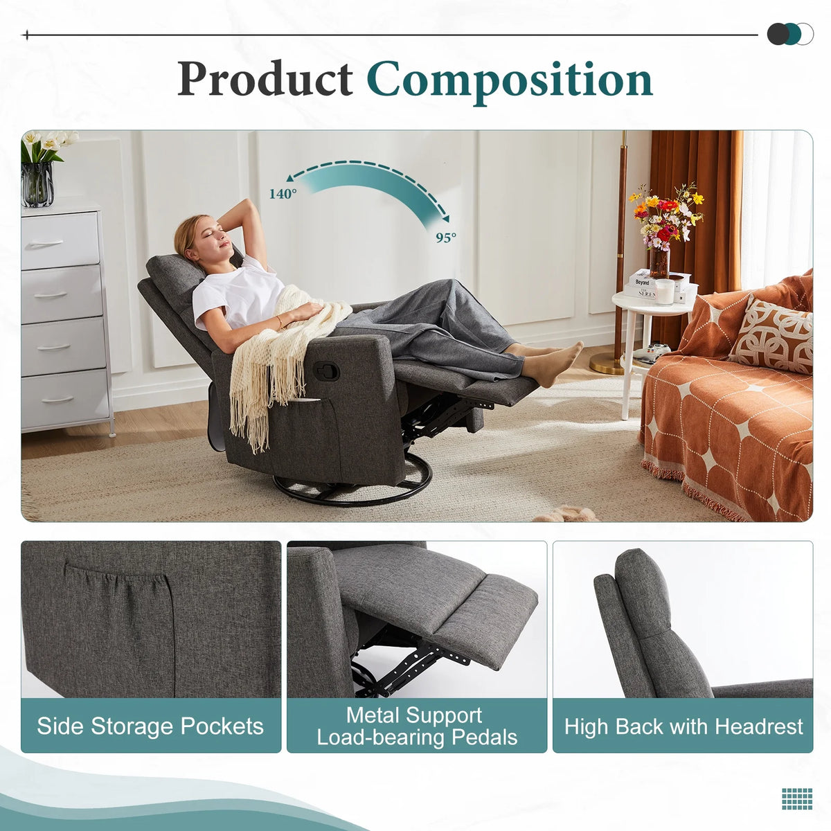 Recliner Message Chair with Footrest, Swivel Rocking Glider, High Back Upholstered Deep Seat for Living Room, Grey