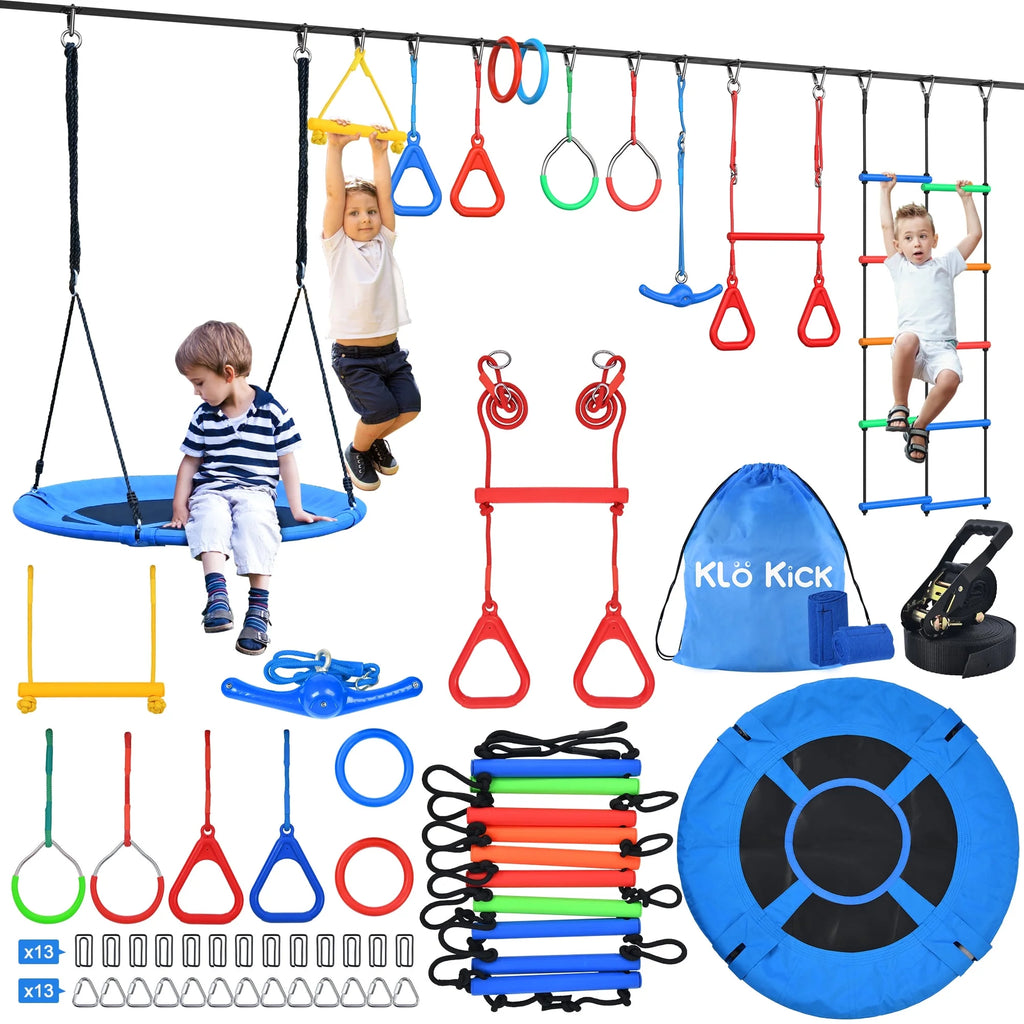 KloKick 65ft Ninja Warrior Obstacle Course for Kids �C Outdoor Backyard Set with Swing, Ninja Rope, 11 Obstacles, Slackline, Jungle Gym for Tree Installation