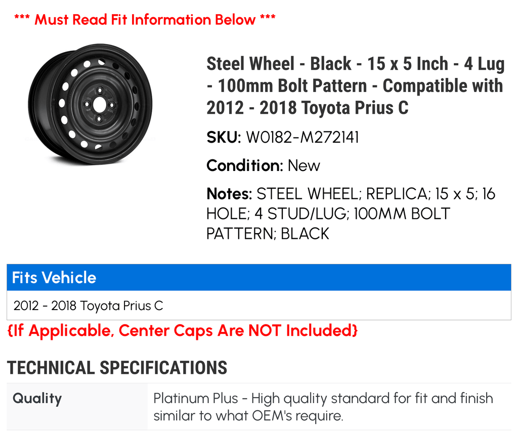 Steel Wheel - Black - 15 x 5 Inch - 4 Lug - 100mm Bolt Pattern - Compatible with 2012 - 2018 Toyota Prius C 2013 2014 2015 2016 2017