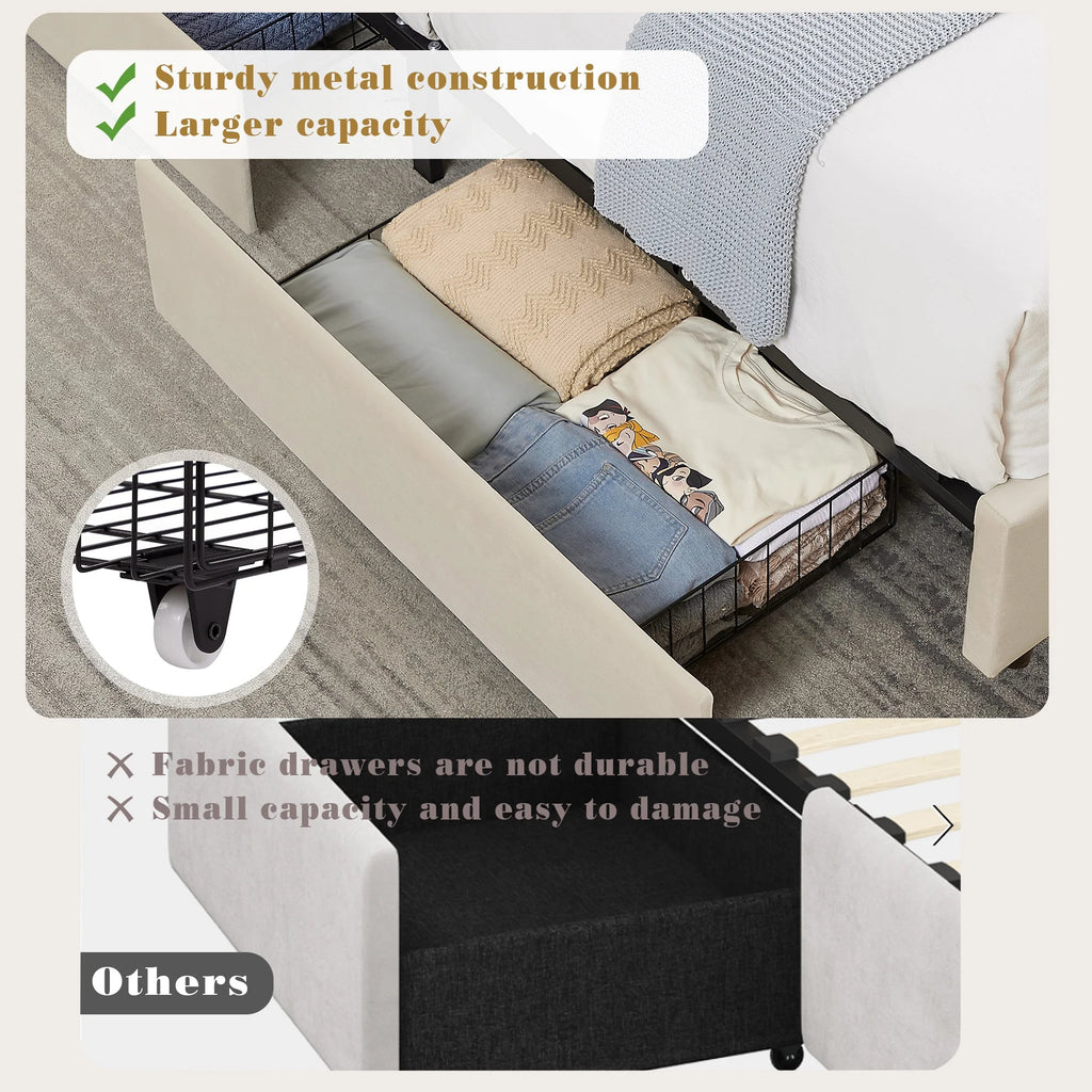 VECELO Full Bed Frame with 4 Storage Drawers (Wheeled) and Tufted Upholstered Adjustable Headboard Platform Bed, Beige